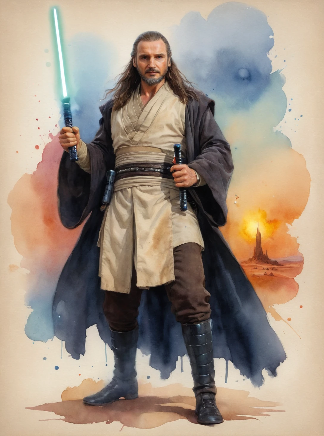 (full body:1.5) watercolor old book style ink illustration of Qui-Gon Jinn <lora:Qui-Gon_Jinn_Ep1:1> from Star Wars Prequel Trilogy wearing a jedi outfit holding a lightsaber, fighting darth maul, pose inspired by Boris Vallejo, brushwork echoing Carne Griffiths, realistic, lifelike, (on parchment, ink splashes, ink stains, ink smears, faded ink:1.3), (futuristic:1.5), futuristic desert background, galaxy, lucasfilms, glass, sun, in the clouds, fractals, sunrise, moody tones, vivid watercolor, mentixis, linquivera, movie poster, star wars vibes, (watercolor style with strong washes:1.2), <lora:watercolor:1.4> watercolor, <lora:ral-wtrclr:0.4> ral-wtrclr