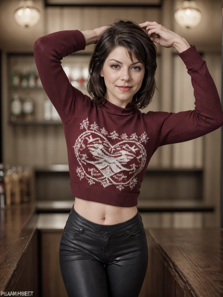 a professional absurdres sharp focus intricately detailed photograph cinematic full body fashion shot of a beautiful (Amy_Pietz:1.1) solo, face focus,
<lora:Amy_Pietz:0.85>,  in an (upscale bar), wearing an (ugly sweater:1.1) and black and red leather pants with a warm smile while in the background the bartender eats a glass of scotch, with her arms raised above her head and bent forward,