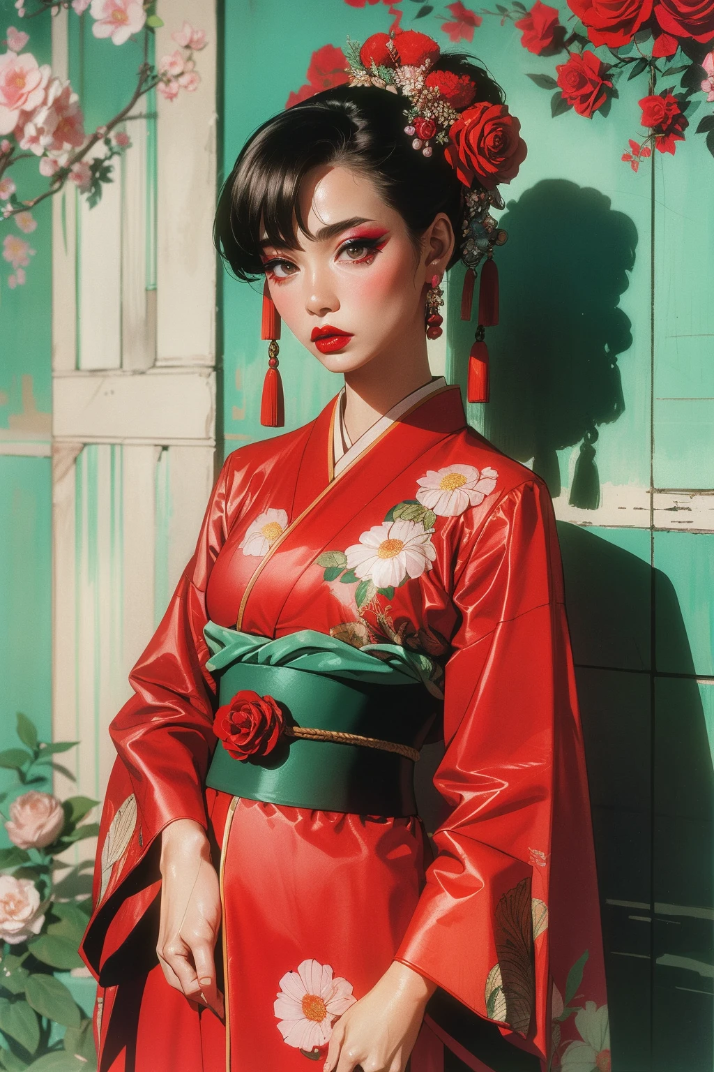 FRESHIDEAS 1980s vintage fashion ***** 1girl black hair chinese clothes flower hair flower hair ornament japanese clothes kimono lips lipstick makeup profile red flower red rose rose solo,