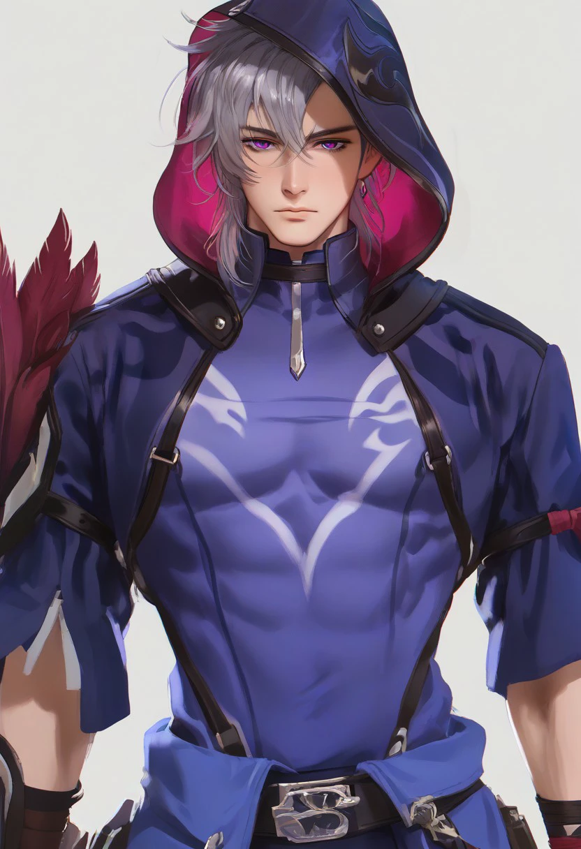 1boy, solo, male focus, slim toned male, moze_(hsr), moze, grey purplish hair, wolfcut hair, bangs between eyes, pale skin, purple eyes, slim face, detailed eyes, confident,
white background, detailed light, light on hair, glowing, close up, 
costume, feathers on one shoulder, hood, looking at viewer, front view, relax, pectorals, abs, big chest, big thigh, 
rating PG, score_9,score_8_up,score_7_up, source_anime, male focus, manly, tall, detailed eyebrow, sharp eyebrows, focus on thigh, thigh focus, random view, muscular, hung