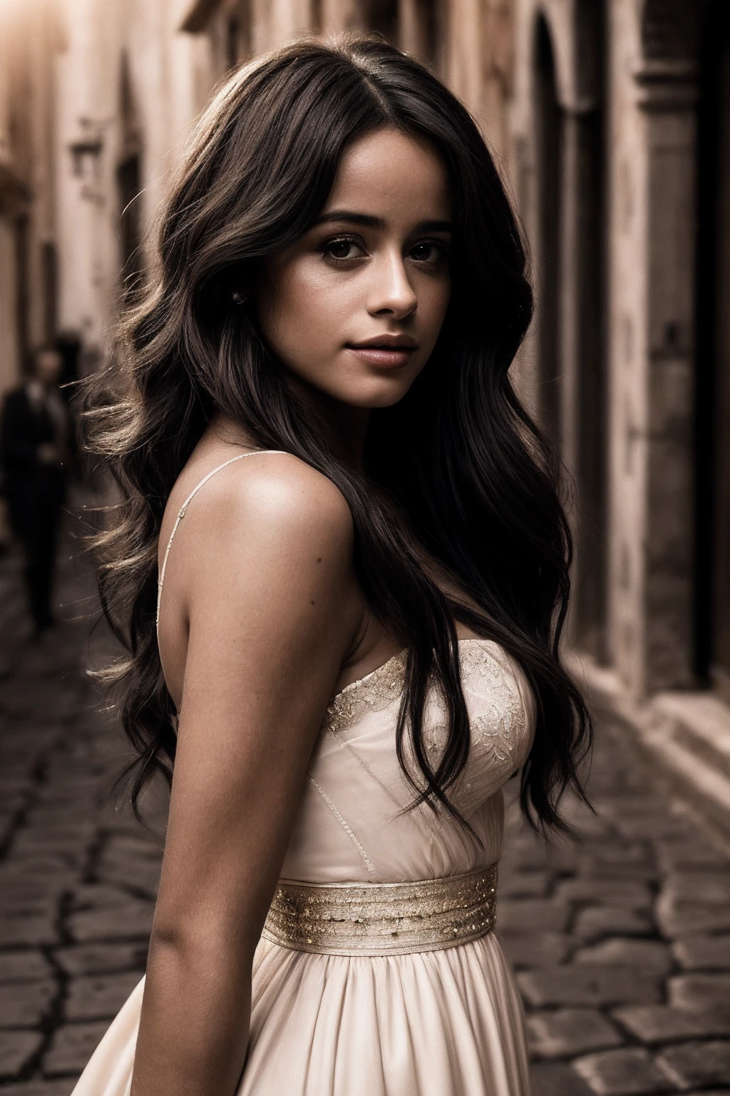 CamilaC_SoloTI_v1,
(In a form-fitting, elegant dress that accentuates her timeless beauty, with flowing hair and a captivating, melancholic gaze), (Amidst the sunlit, cobblestone streets and rustic architecture of a Sicilian town during World War II, where whispers of scandal and the harsh judgment of society surround a woman of extraordinary allure and profound loneliness:1.3), (haunting:1.3),(analog, cinematic, sepia tones, soft lighting, cinematic shot:1.3),
<lora:add_detail:0.6> epiCPhoto, PA7_Portrait-MCU,