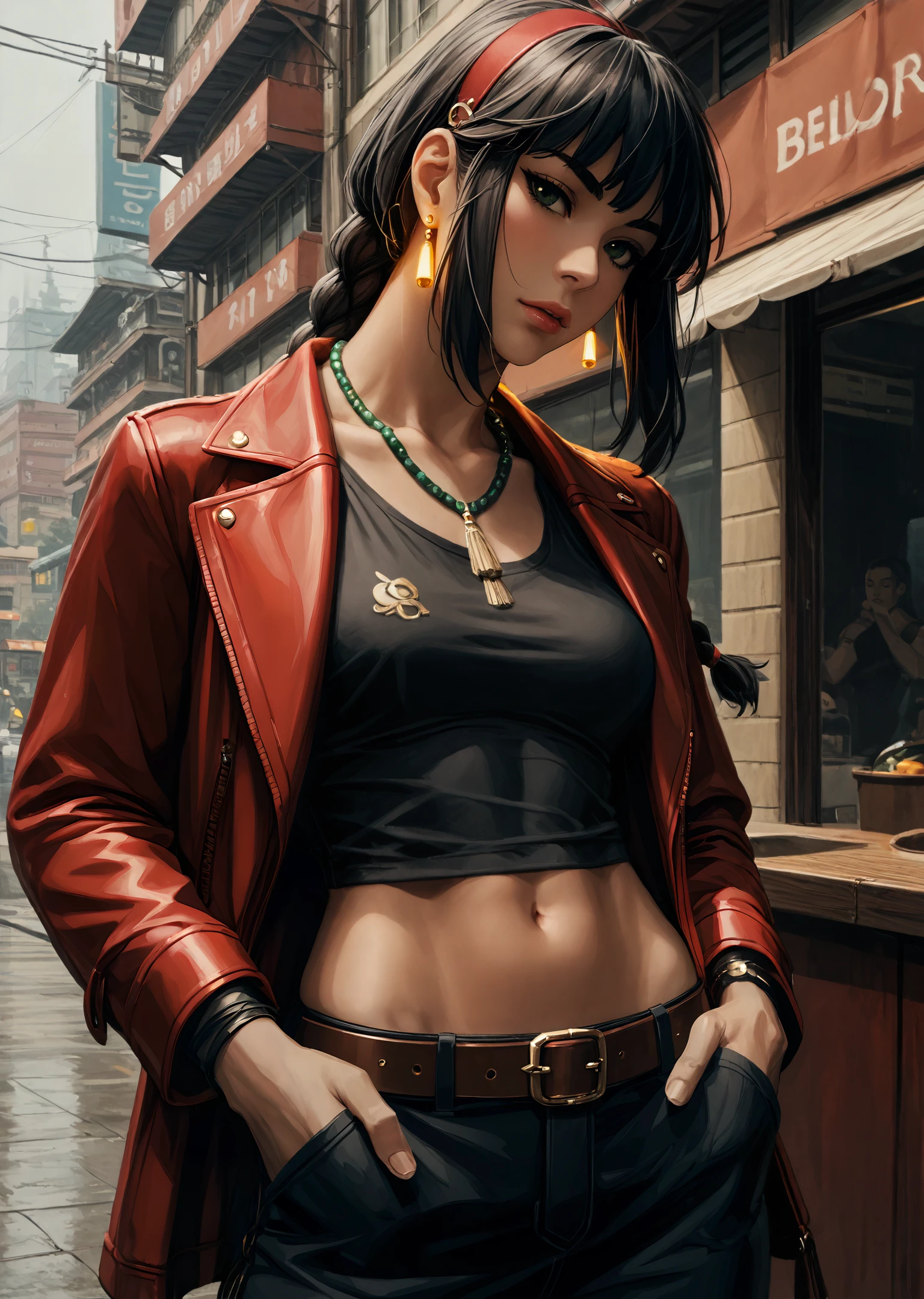 Score_9, score_8_up, score_7_up, score_6
(highres, semi-realistic, official art, official wallpaper, absurdres)
OMFV2 long hair, breasts, looking at viewer, bangs, multiple girls, shirt, black hair, long sleeves, navel, 2girls, brown eyes, jewelry, medium breasts, closed mouth, jacket, ponytail, braid, hairband, earrings, open clothes, midriff, belt, pants, necklace, open jacket, black jacket, crop top, grey eyes, black shirt, single braid, black pants, thick eyebrows, hair over shoulder, red jacket, buckle, belt buckle, hands in pockets, red hairband
<lora:intricate_details:0.8> intricate_details_xl <lora:more_details:0.8> <lora:Our Muted Future Pony V2:1.8>