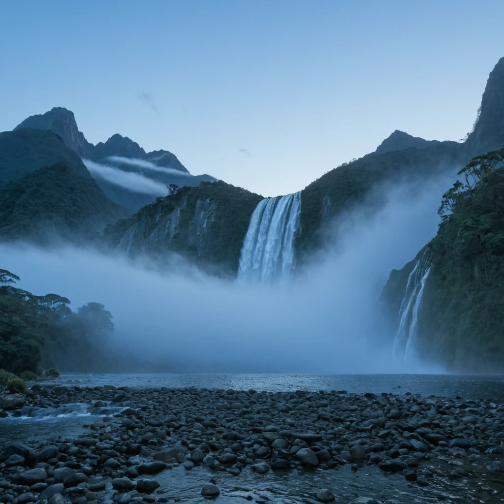 professional DSLR photo of a shore of a misty lagoon, dusk, twilight, mountains and waterfall in the background, masterpiece, twilight, mountains and waterfall in the background, masterpiece