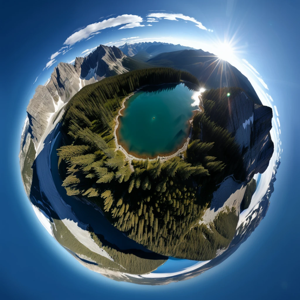 A tiny planet of the Rocky Mountains. The sky is clear with a few wispy clouds. The mountainous landscape below features rugged peaks, dense forests, and a glacial lake. The sun is positioned to the side, creating dynamic shadows and enhancing the natural beauty.
