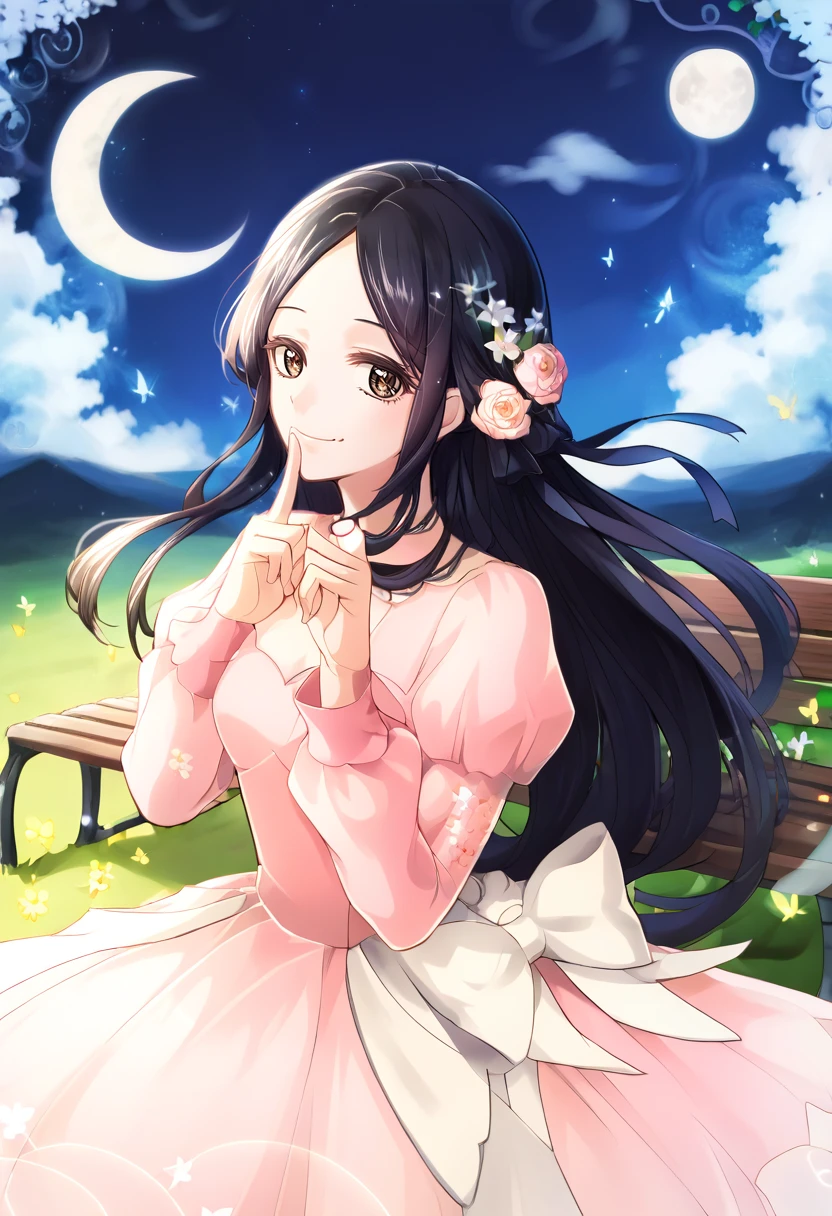 score_9, score_8_up, score_7_up, source_anime  BREAK
1girl, wearing hair down, straight hair, long hair, outdoors, night, bench, fireflies, flowers, grass, moon, clouds, solo, perfect hands
<lora:CoD_Lora_Pony:1> C0D_Art_LoraP
hair down, 1girl, woman, female, black hair, long hair, hair down, center part, forehead, pink dress, princess dress, pink sleeves floral dress, puffy sleeves, dark brown eyes, small breasts, smile,
smile, looking at viewer, hu5h1ng, finger to mouth
solo
white background
<lora:Hush:1>