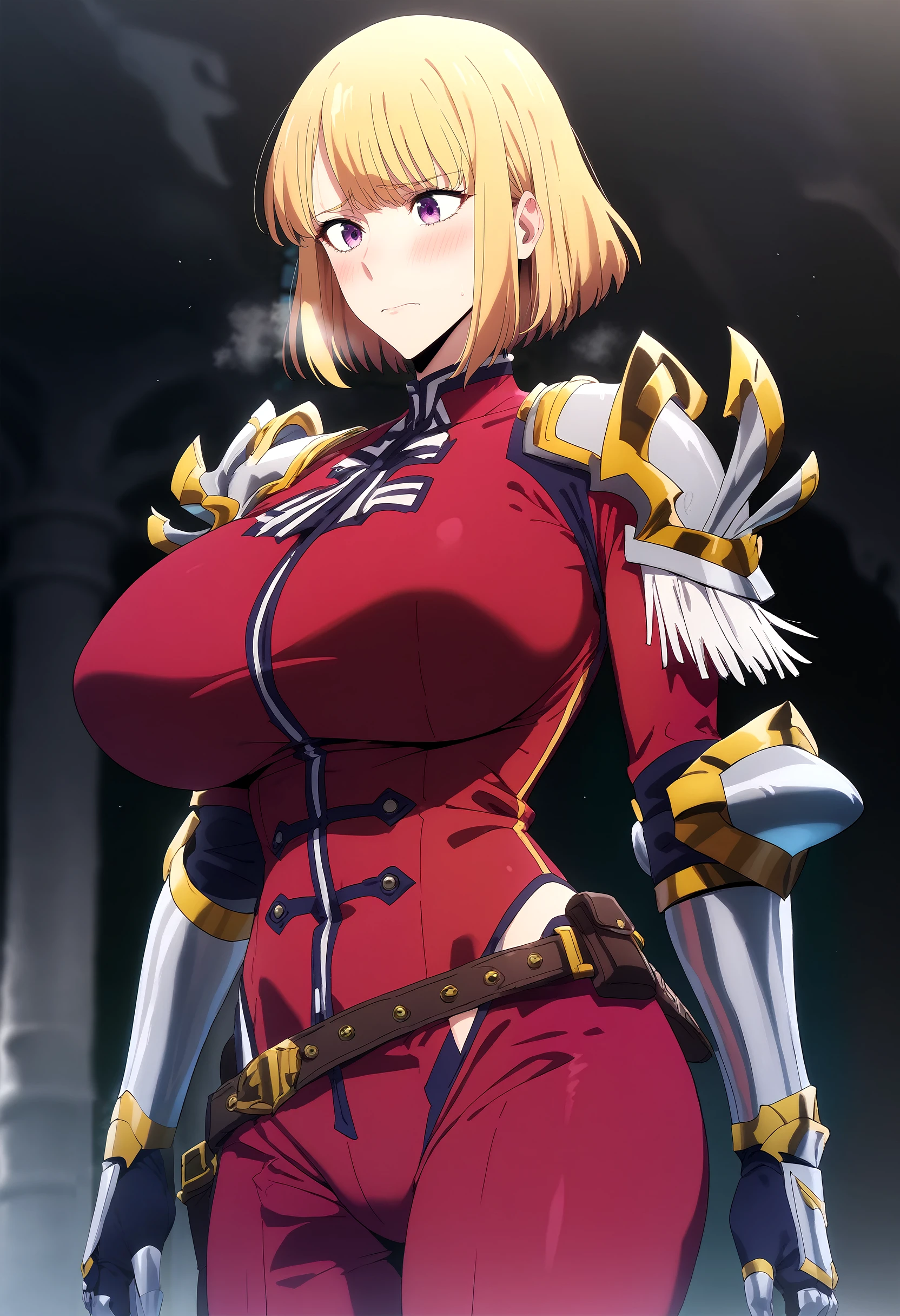 best quality, (masterpiece:1.2), highly detailed, day, city, 1girl, solo, cha hae-in, closed mouth, from front, looking at viewer, blonde hair, short hair, brown eyes, (red armor:1.4), belt, bodysuit, (exposed tits:1.2), (no bra;1.3), (embarrassed:1.2), (cuts and damage on the armor revealing pussy:1.2)