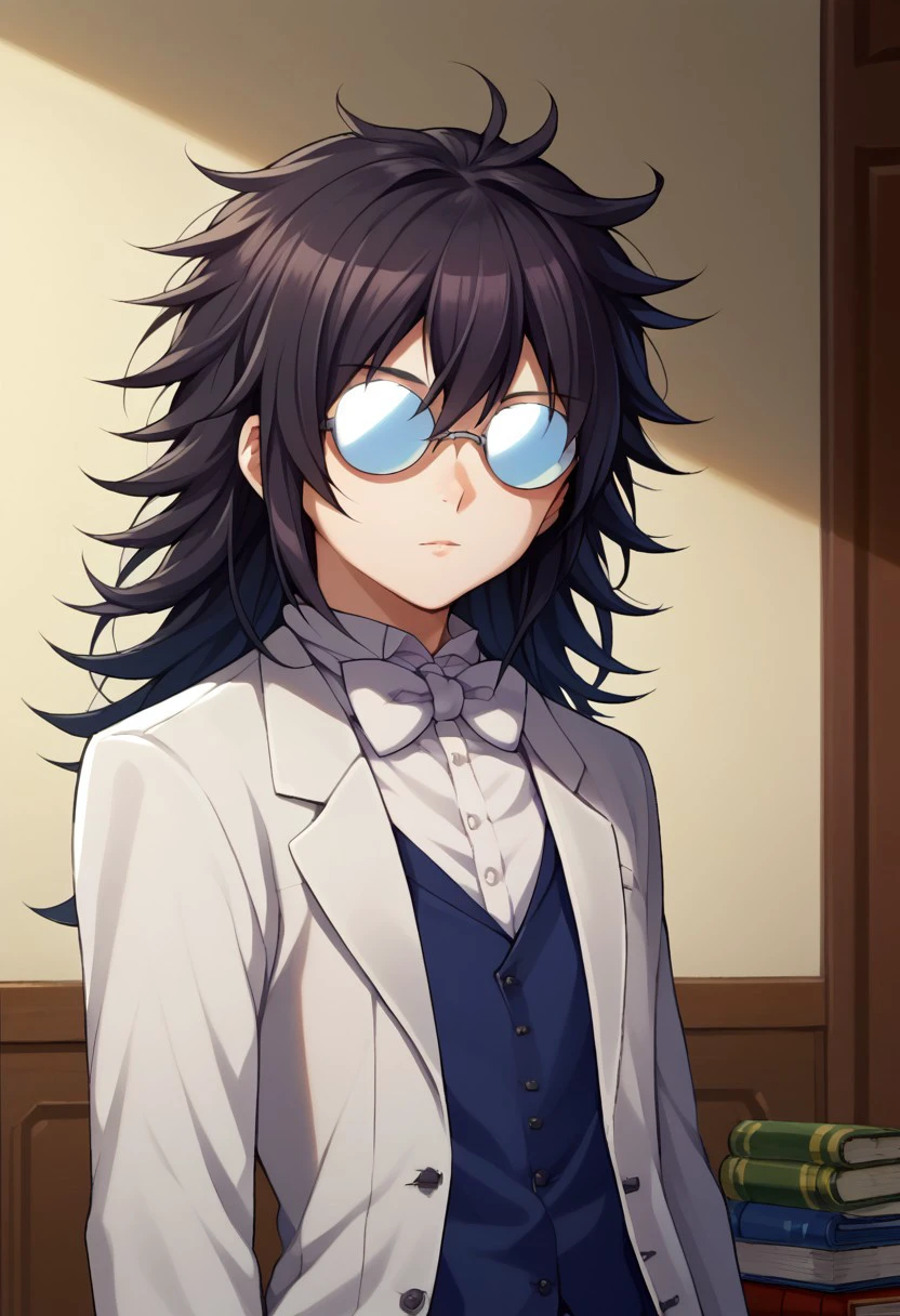 score_9, score_8_up, score_7_up, source_anime, highly detailed, 
leopa, male focus, solo, glasses, 1boy, book, opaque glasses, black hair, long hair, messy hair, bowtie, bow, bowtie, white bowtie, coke-bottle glasses, formal, suit, white suit, jacket, white jacket, vest,  blue vest, upper body,