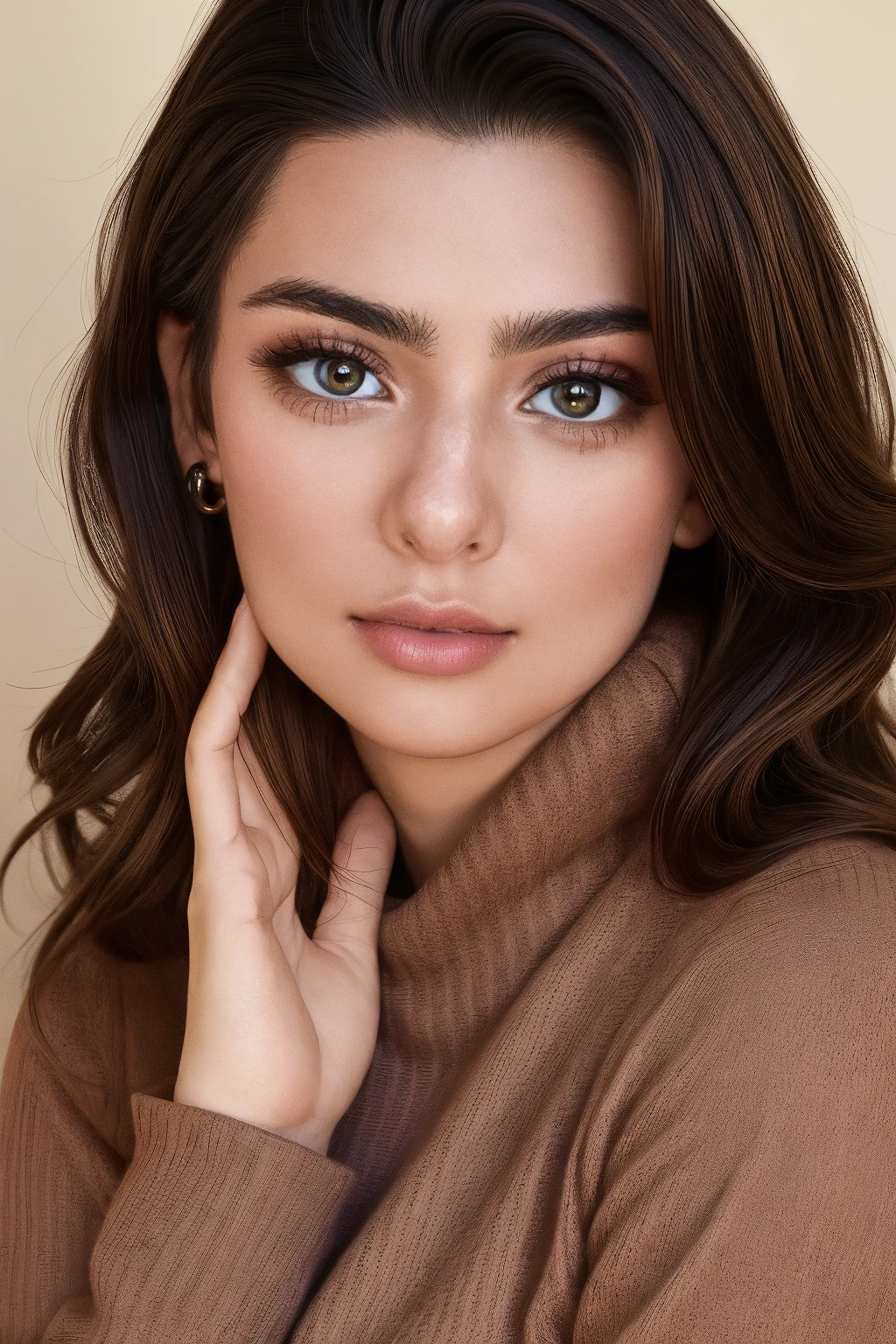 mndngwmn,turtleneck sweater, , (ultra realistic, 8k,high quality), natural lighting, (wearing makeup:1.1),