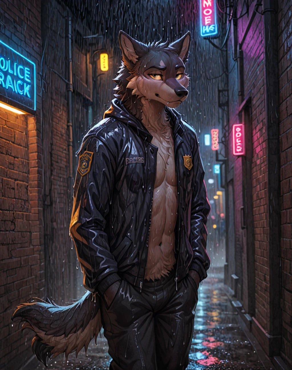 Solo, male, wolf, grey fur, black hair, muscular, jockstrap, smirking, evil expression, rape face, alleyway, big bulge, night, blood on the walls, raining, storming, grey clouds, lightning, leather jacket, steam, (((by chunie, by darkgem, by bebebebebe)))