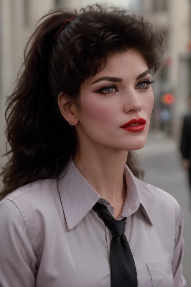 <lora:lindafiorentino-05:0.6>,lindafiorentino, ((detailed skin, detailed face):1.2),  ((detailed eyes, beautiful eyes):1.2), ((red lipstick, blush, eye shadow, eyeliner, pale skin)),  , photo of a woman, ((black suit, black pants, shirt, necktie, ponytail)), ((city street))