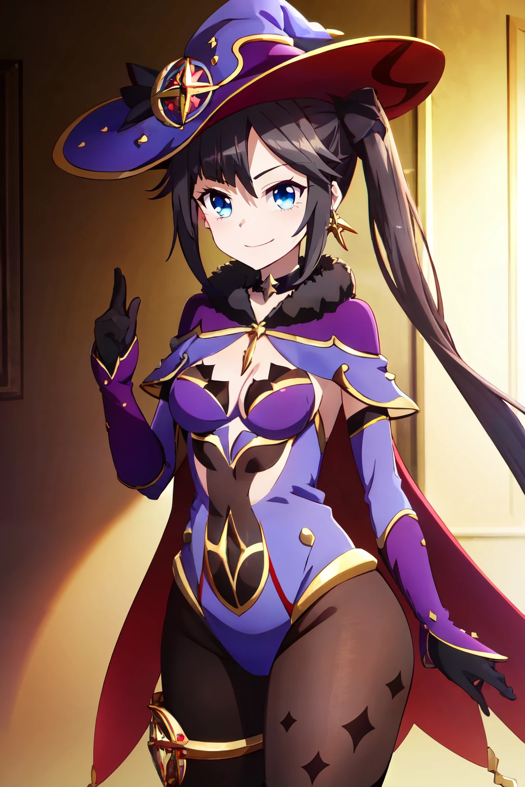 ((masterpiece,best quality)), absurdres,  medium breasts, cleavage, <lora:PrismaIllya_v5:0.8>, BREAK, , BREAK, <lora:mona_v1:0.7>, aamona, long hair, twintails, hair ornament, black ribbon, earrings, witch hat, purple headwear, choker, cape, fur trim, gold trim, blue leotard, detached sleeves, gloves, pantyhose,, BREAK, solo, smile, looking at viewer, cowboy shot,