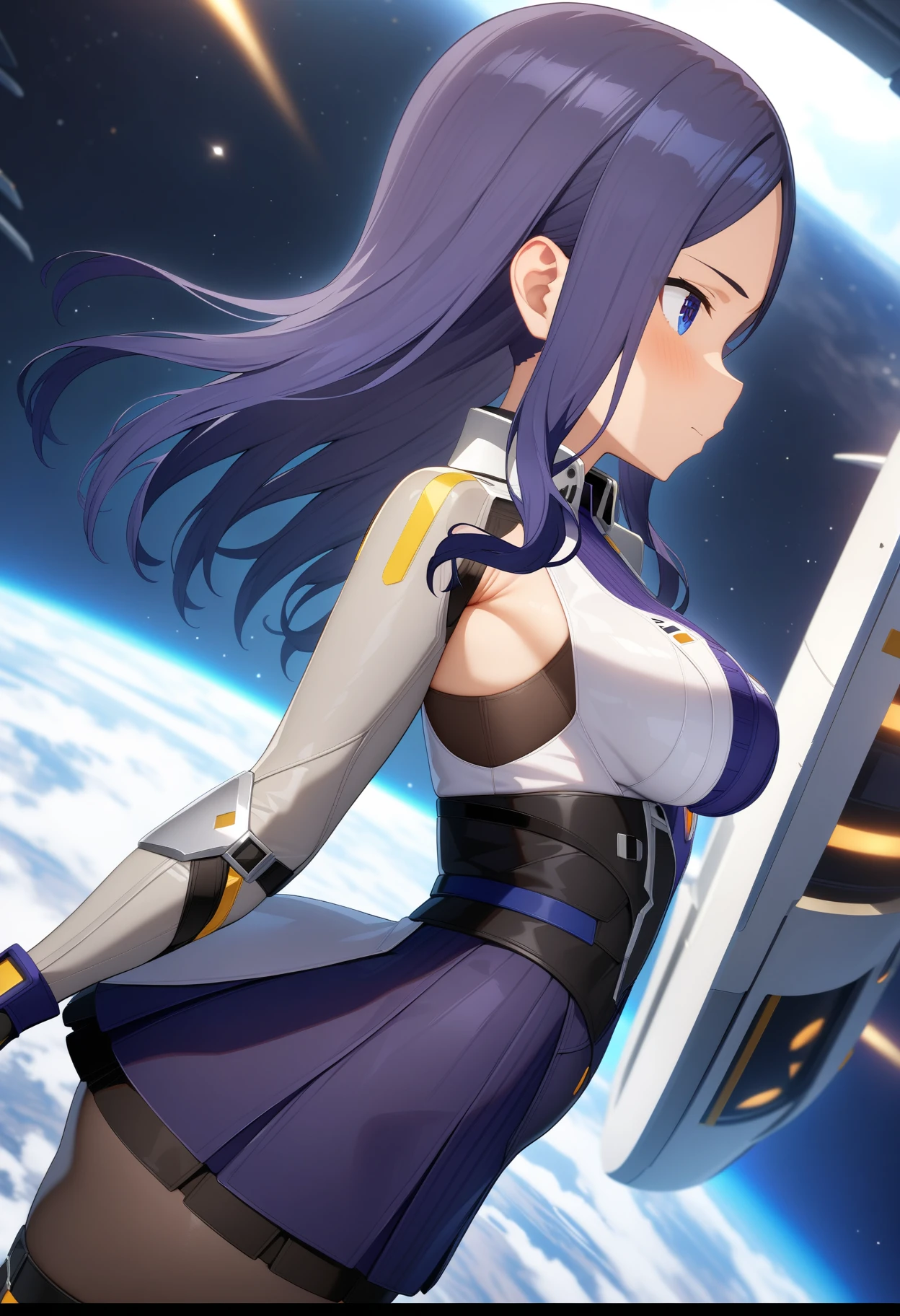 masterpiece,best quality,very aesthetic,absurdres,intricate details,1girl,<lora:kanade_v2:1>,kanade,talaria,<lora:Fixhands_anime_bdsqlsz_V1:1>,rim light,metallic luster,light_blush,Space Station,starry_sky,flying,profile,, masterpiece,best quality, very aesthetic, absurdres, ultra detailed, high resolution, 4k, extremely detailed CG,