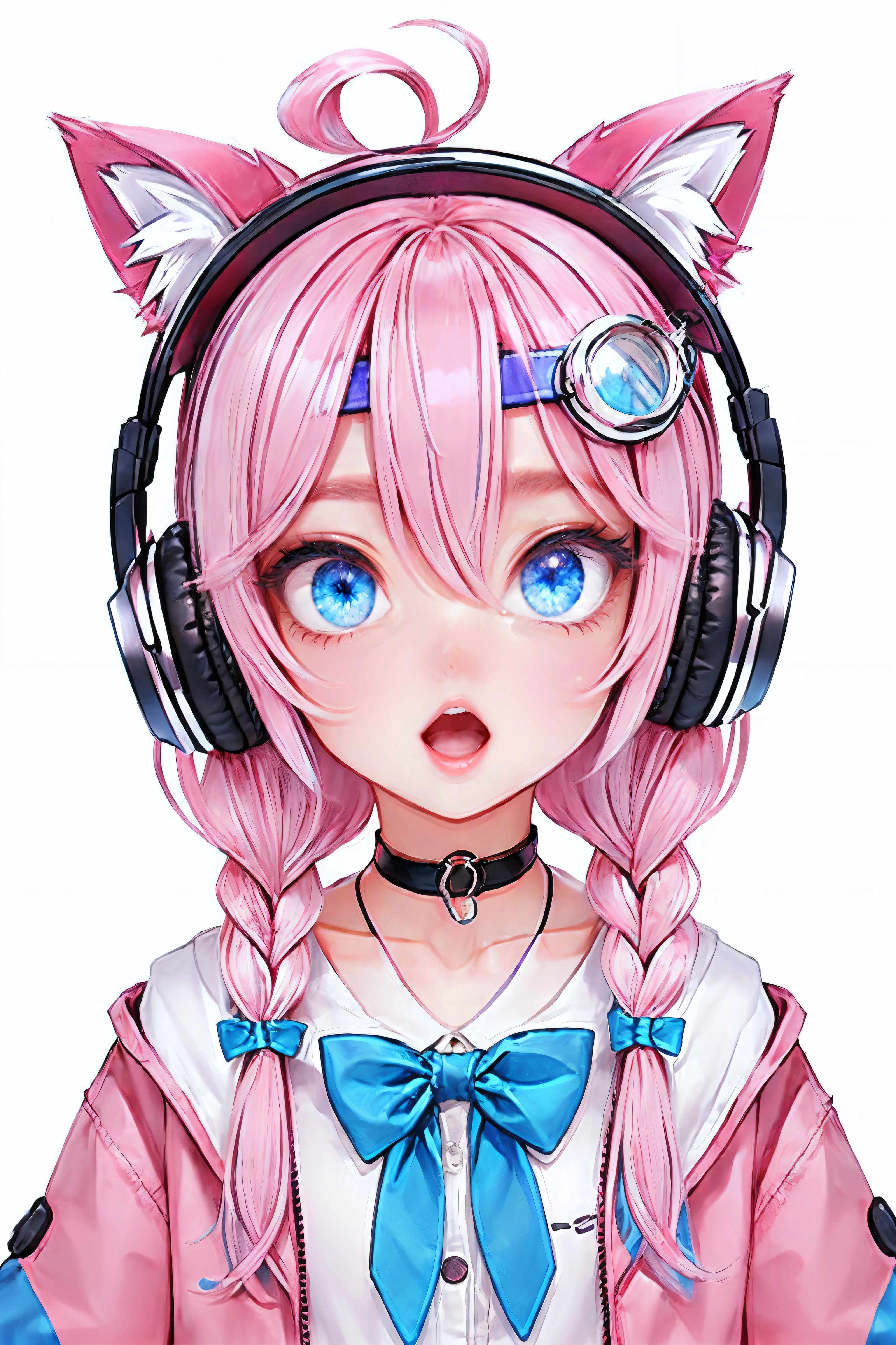 loraeyes, 1girl, animal ear, headphones, white background, bow, choker, goggles on head, ahoge, open mouth, pink hair, (blue eyes:1.2), purple hair, single braid, solo, upper body, vtuber, <lora:Vtuber:0.7>, <lora:Loraeyes_V1:0.7>,  <lora:tangbohu-detailer_1.0:-1>