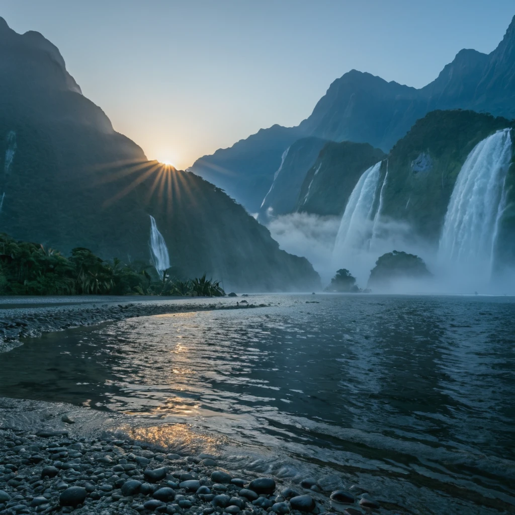 professional DSLR photo of a shore of a misty lagoon, dawn, rising sun beyond the mountains, mountains and waterfall in the background, masterpiece