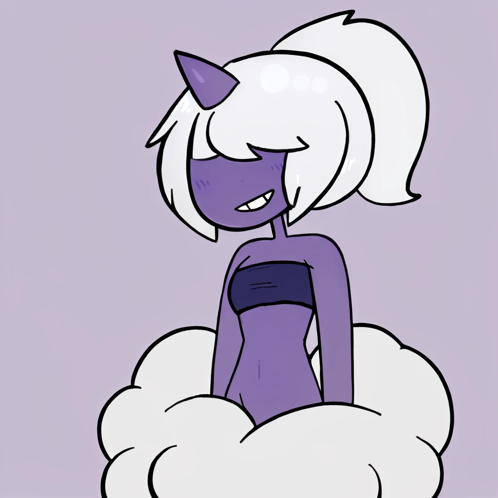 <lora:DazziPal_V2:1>, Dazzi, 1girl, (cloud:1.2), white hair, ponytail, oni, horn, hair over eyes, white cloud, (purple skin:1.2), (split form), legless, no legs, no eyes, single horn, bottomless, best quality, masterpiece, medium breasts, outstretched arms, :3, smile, closed mouth, facing viewer, white background, hearts, tube top, purple tube top