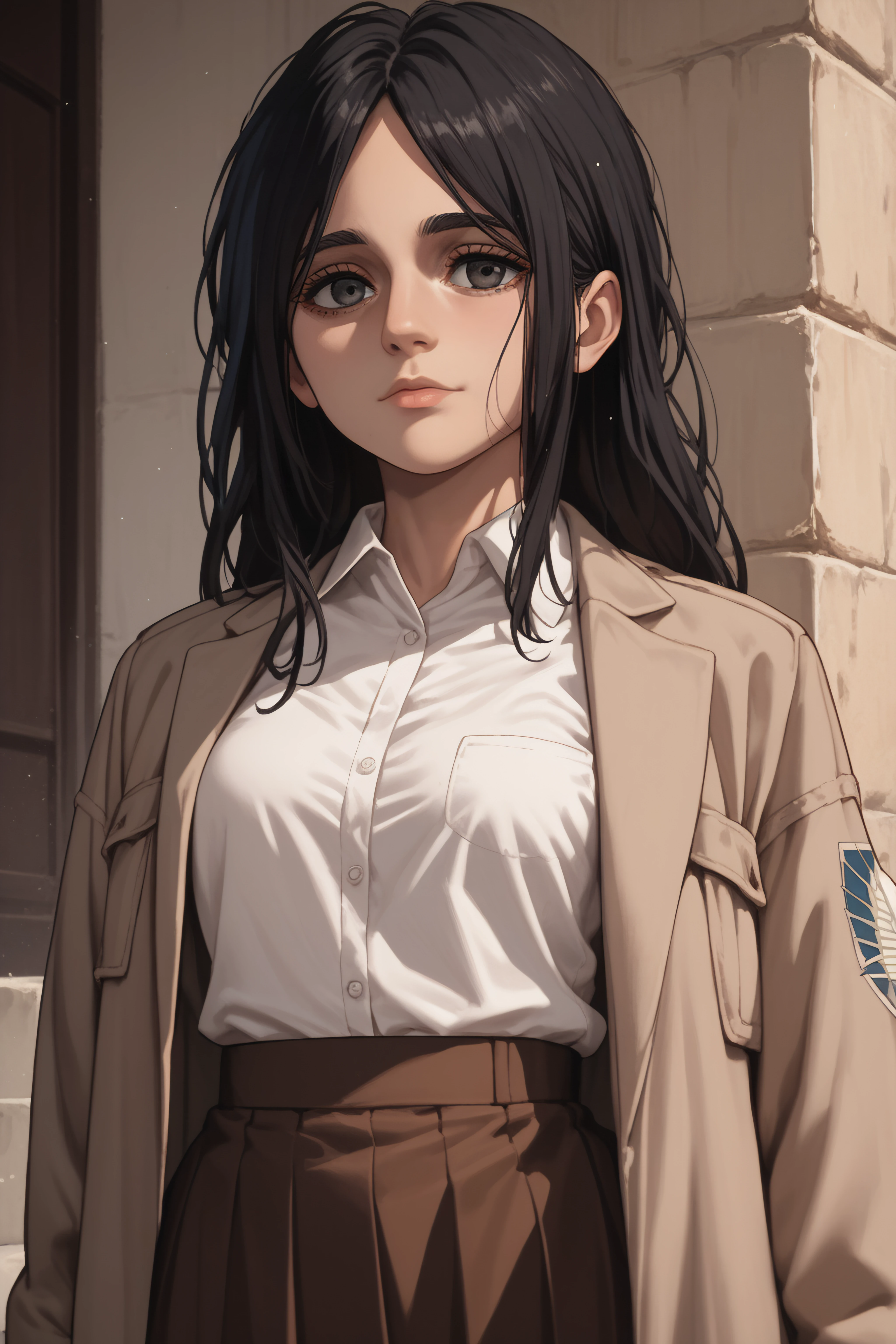 score_9, score_8_up, score_7_up, score_6_up, score_5_up, score_4_up, source_anime, <lora:Pieck Finger-PonyXL-lora-Faxtron:0.8> pieck finger, black eyes, black hair, long hair, medium breasts, beige jacket, white shirt, brown skirt,