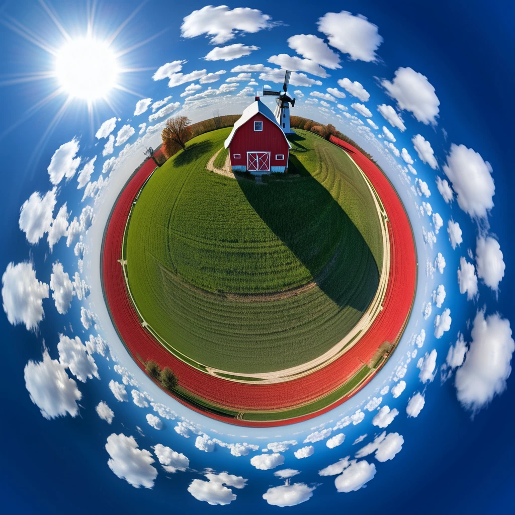 A tiny planet of a rural farm in the Midwest. The sky is a deep blue with fluffy white clouds scattered across. The landscape below showcases a red barn, wide-open fields, and a windmill. The sun is high in the sky, casting bright light and crisp shadows.
