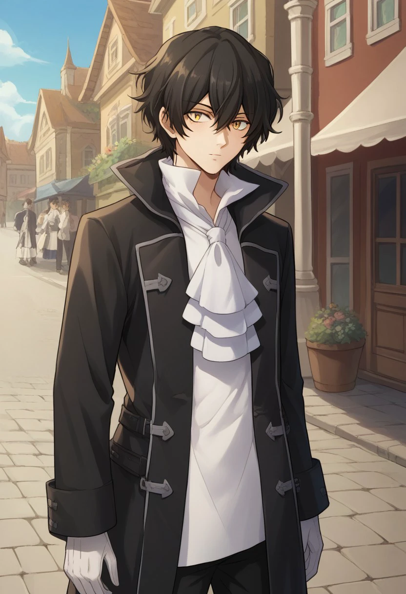 score_9, score_8_up, score_7_up, source_anime, highly detailed, 
gilbert, 1boy, solo, male focus, gloves, black hair, upper body, coat, ascot, yellow eyes,
white gloves, pants, black pants, shirt, white shirt,
outdoor, street, village