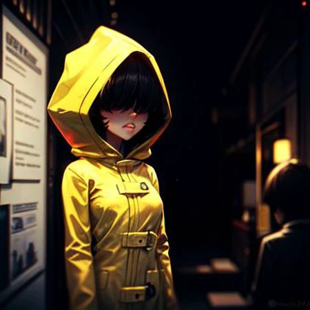 ng_deepnegative_v1_75t, easynegative, bad-picture-chill-75v, Video Game Character, young girl in a yellow overcoat, hair covering eyes, hooded girl, shadowed face, short messy black hair, girl lost in a lightless city, nighttime in the background, buttoned up overcoat,