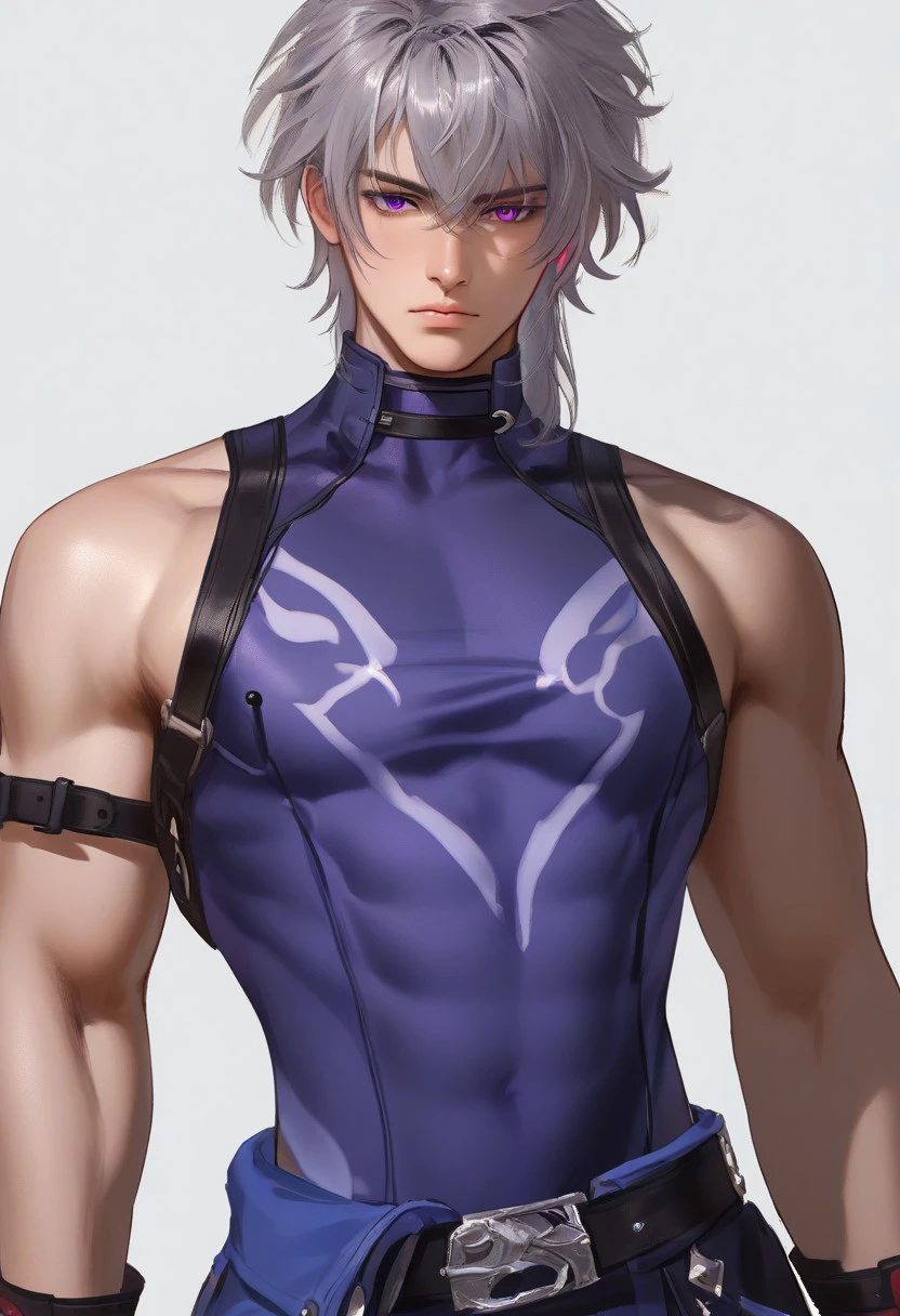 1boy, solo, male focus, slim toned male, moze_(hsr), moze, grey purplish hair, wolfcut hair, bangs between eyes, pale skin, purple eyes, slim face, detailed eyes, confident,
(white background:1.1), detailed light, light on hair, glowing, close up, 
sleeveless, patterned top, looking at viewer, front view, relax, pectorals, abs, big chest, big thigh, 
rating PG, score_9,score_8_up,score_7_up, source_anime, male focus, manly, tall, detailed eyebrow, sharp eyebrows, focus on thigh, thigh focus, random view, muscular, hung