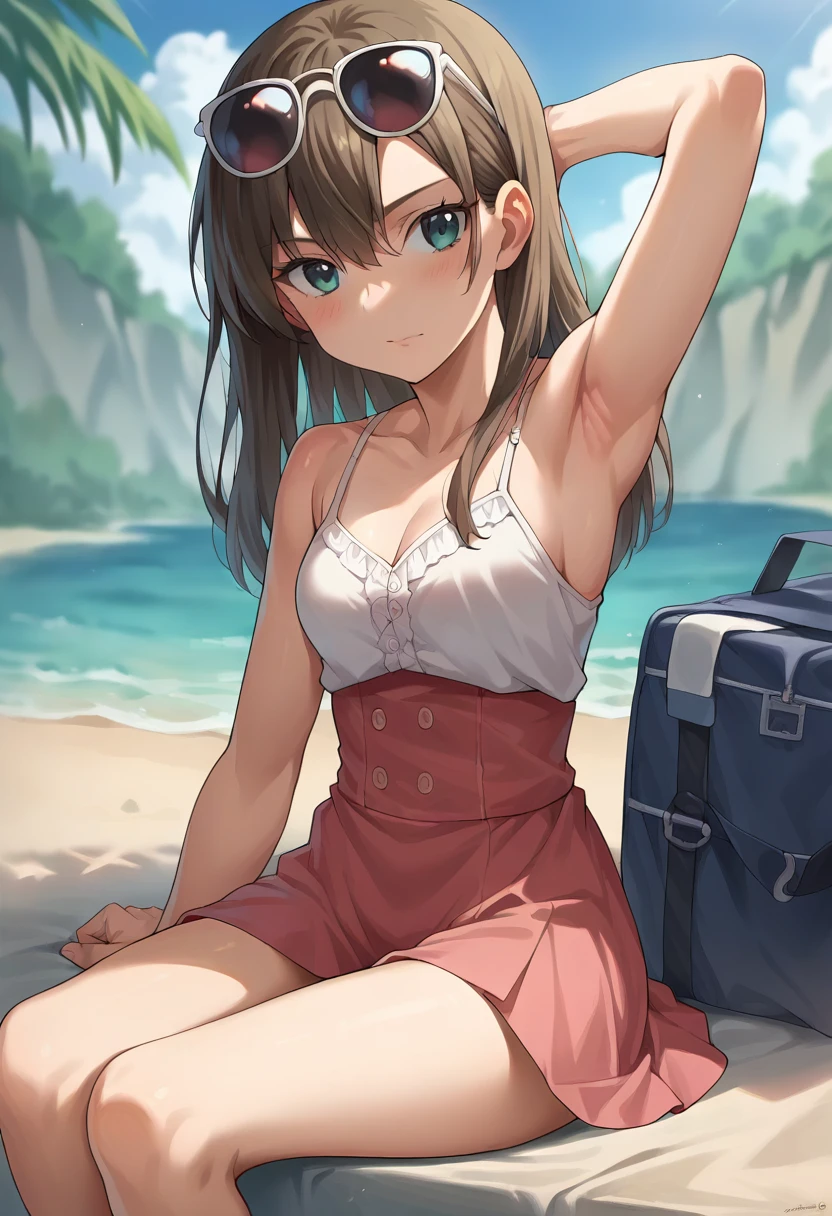 score_9, score_8_up, score_7_up, source_anime, masterpiece, 1girl, ct_h4ruka, camisole dress, skirt, sitting, armpits, sunglasses, depth of field, outdoors, beach, looking at viewer, <lora:Haruka_pony_ct:1>