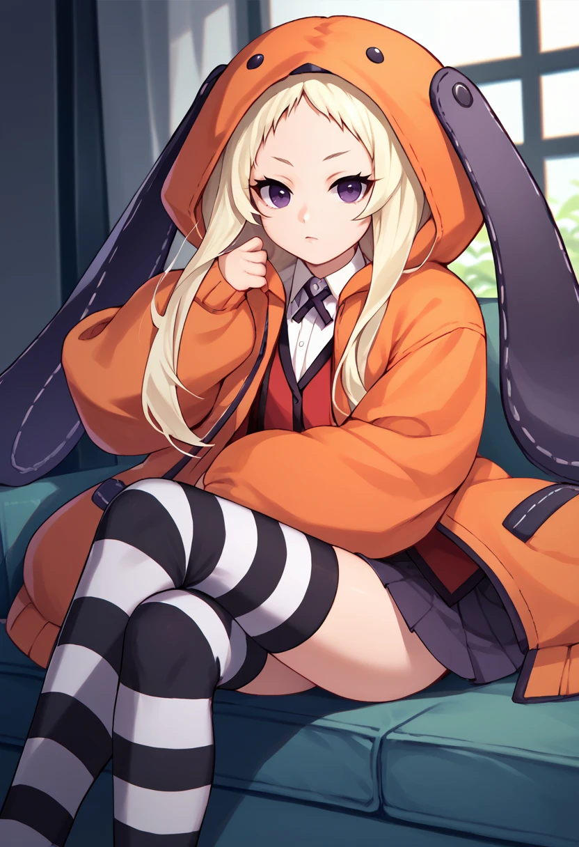 score_9,  score_7_up,  1girl, solo, Runa, blonde hair, purple eyes, orange hooded jacket, white shirt, animal hood, red blazer, pleated skirt, striped thighhighs, sitting, crossed legs, looking at viewer,      <lora:Runa new 2-000008:1>