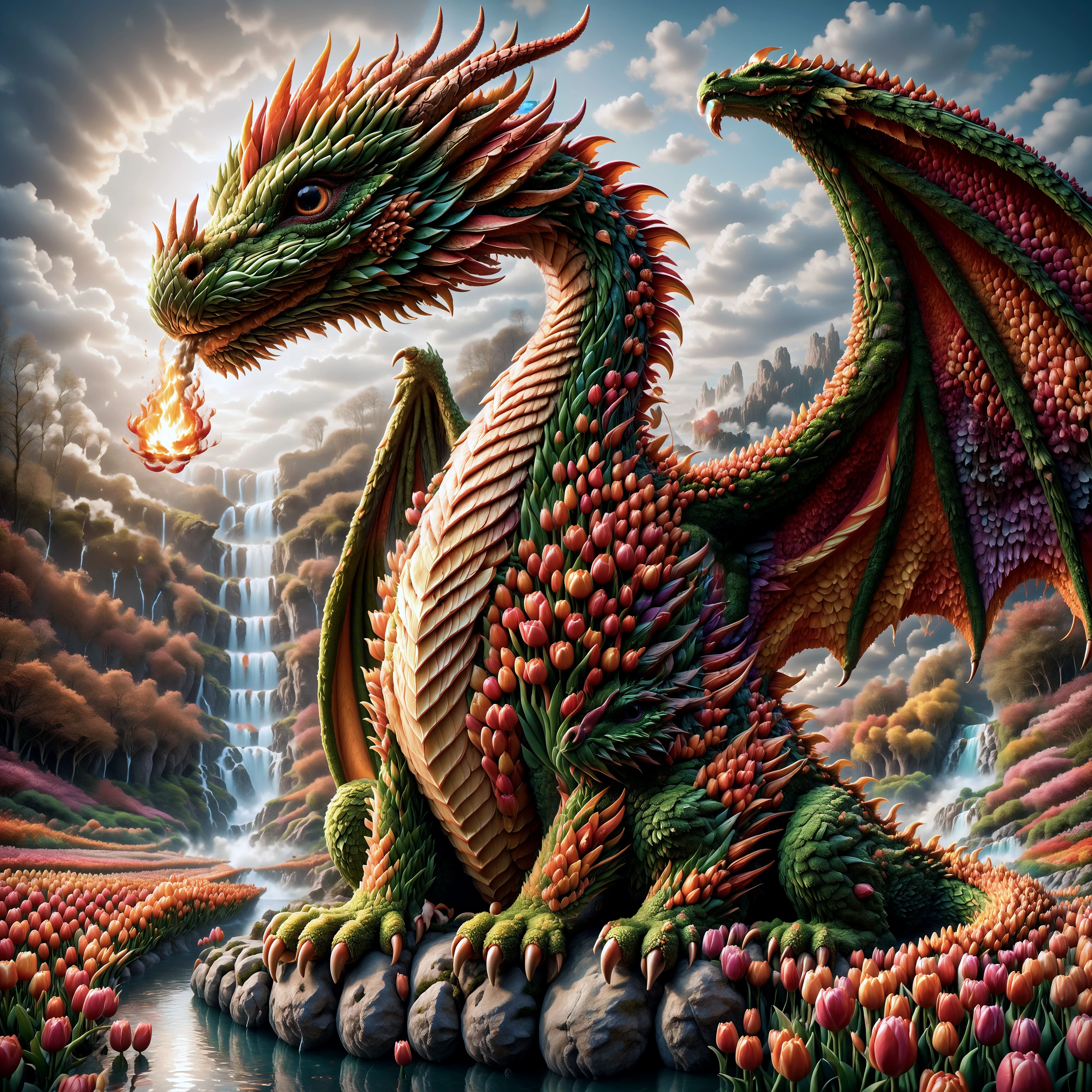 score_9, score_8_up, score_7_up,

7ul1p, 3d, (a  dragon is made of colorful tulip:1.0), sitting, detailed face, detailed eyes, wings, spitting fire to the ground,

smoke, rock, (waterfall:0.9), 