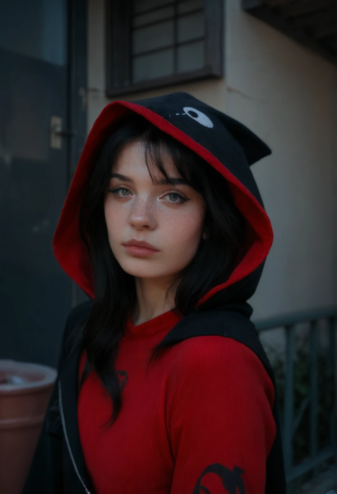 score_9, score_8_up, score_7_up, M1lkG0re, 1girl, solo, long hair, looking at viewer,black hood, red sweater, black hair, upper body,freckles, realistic, tattoos, outdoor