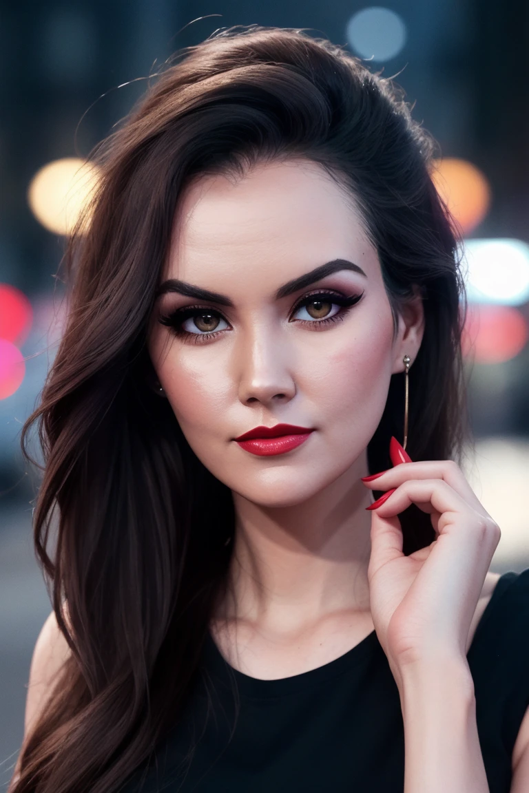 sydneywatson-2709, , ((detailed skin, detailed face):1.2), ((detailed eyes, beautiful eyes):1.2), ((red lipstick, blush, eyeliner, eye shadow, pale skin)), photo of a woman, closeup portrait, perfect hair, (modern photo, Melon tight top), 24mm, (analog, cinematic, film grain:1.3), (on the streets of Paris, nighttime, gritty:1.1), detailed eyes, (seductive pose), (epicPhoto), upper body, (looking at viewer), earrings, (eyeliner, eyelashes)