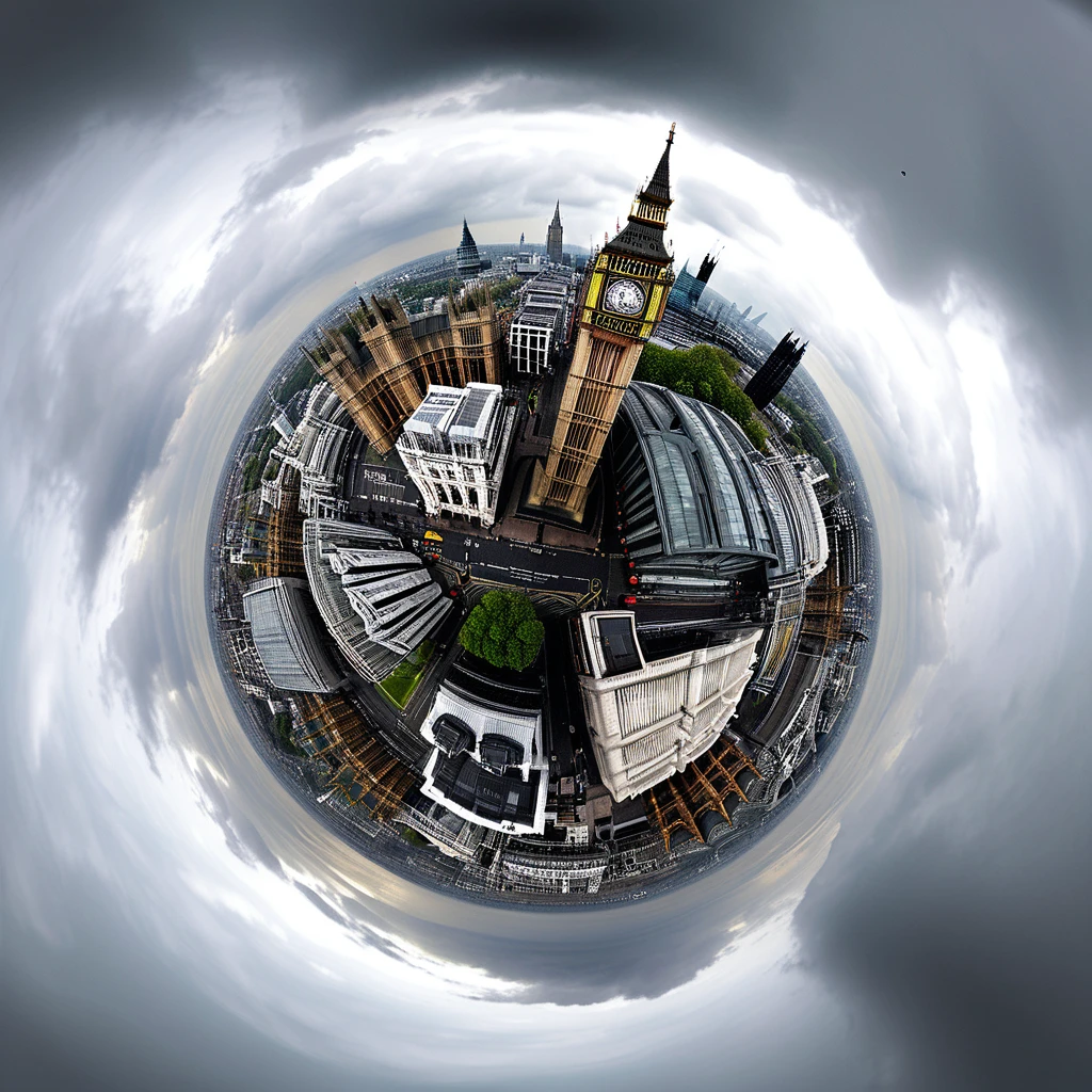 A tiny planet of London, England. The sky is grey and overcast. The cityscape below features Big Ben and the Houses of Parliament among a mix of historical and modern buildings. The lighting is diffused and soft, typical of a cloudy day.
