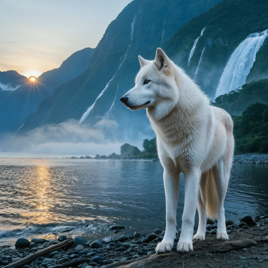 professional DSLR photo of white wolf looking at the wiever, background: a shore of a misty lagoon, dawn, rising sun beyond the mountains, mountains and waterfall in the background, masterpiece