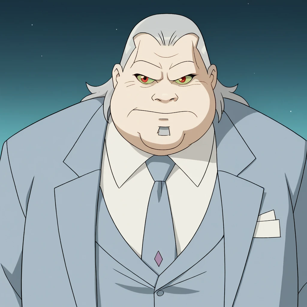 score_9_up, score_8_up, BREAK, Steven Mandragora, 1boy, solo, green sclera, red eyes, silver hair, fat, white shirt, necktie, suit, formal, portrait,   <lora:StevenMandragora_PXL_Leaf1:0.8>, gradient background,