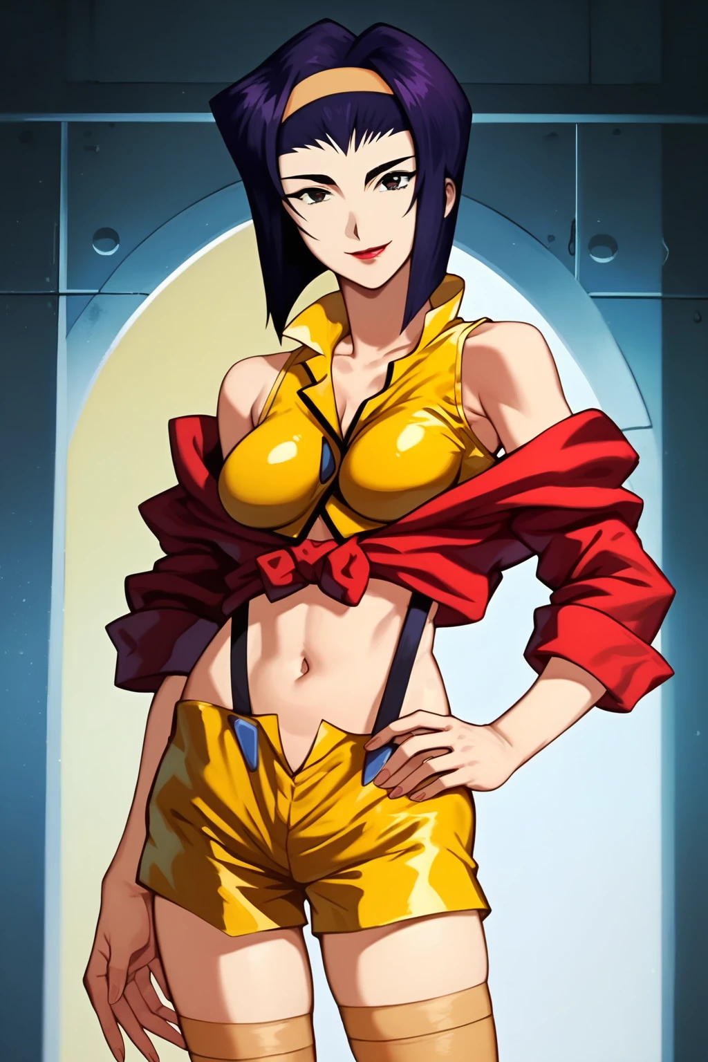 score_9, score_8_up, score_7_up, source_anime, highly detailed, wallpaper, 4k, uhd, novel illustration, faye valentine, 1girl, lipstick, hairband, smile, closed mouth, looking at viewer, yellow midriff, bare shoulders, red jacket, navel, suspenders, yellow shorts, grey thighhighs, standing, hand on hip, cowboy shot, indoors,