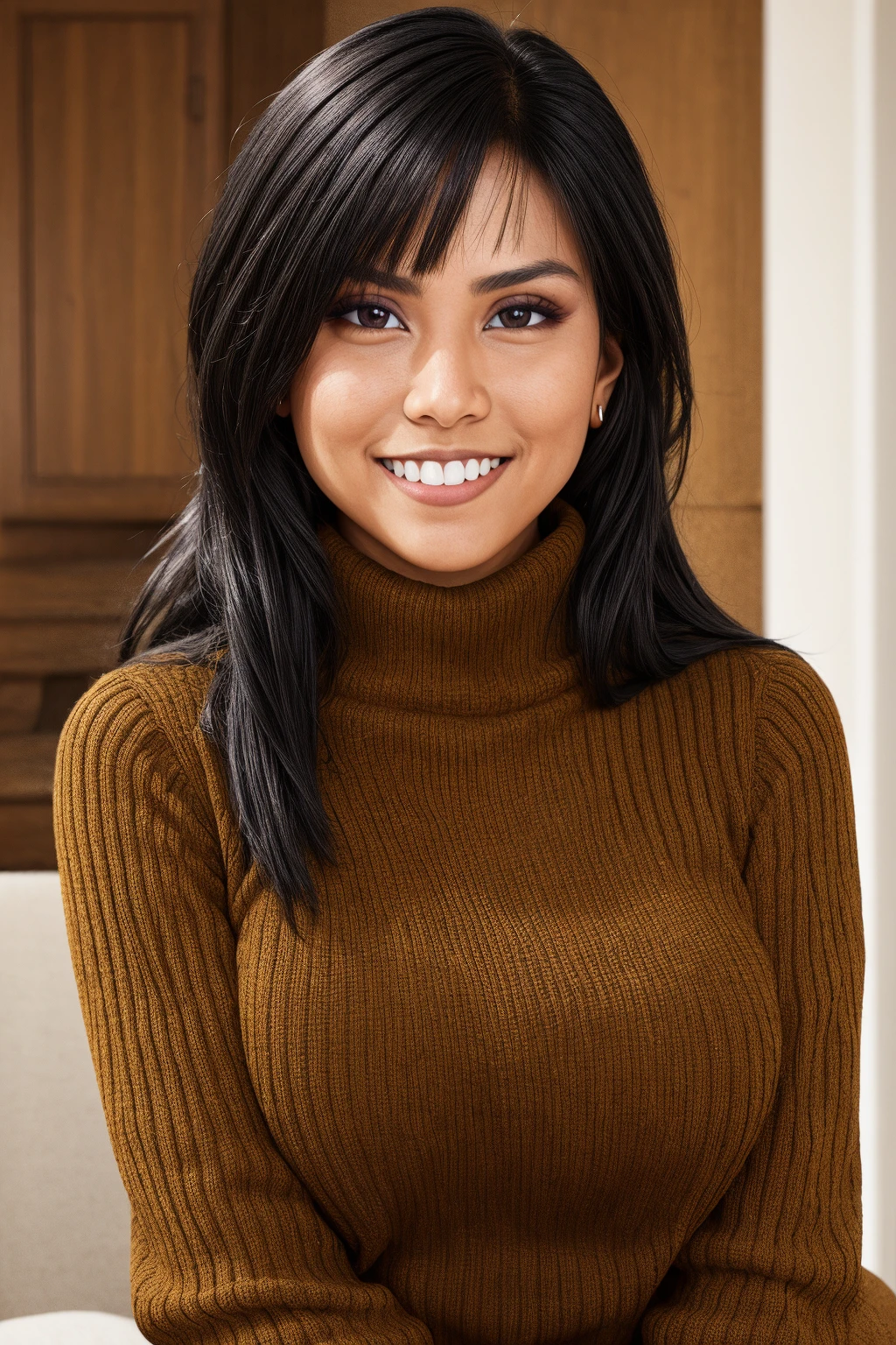 mndngwmn, turtleneck sweater, smile,tanned skin,, (ultra realistic, 8k,high quality), natural lighting, (wearing makeup:1.1),