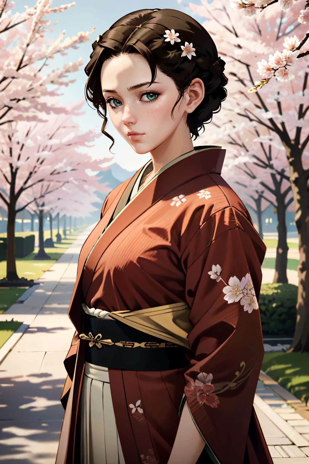 ((ultra detailed, masterpiece, absurdres))
<lora:ACEvie:0.8>
ACEvie, 1girl, short hair, brown hair, green eyes, looking at viewer, in a traditional kimono, surrounded by cherry blossoms