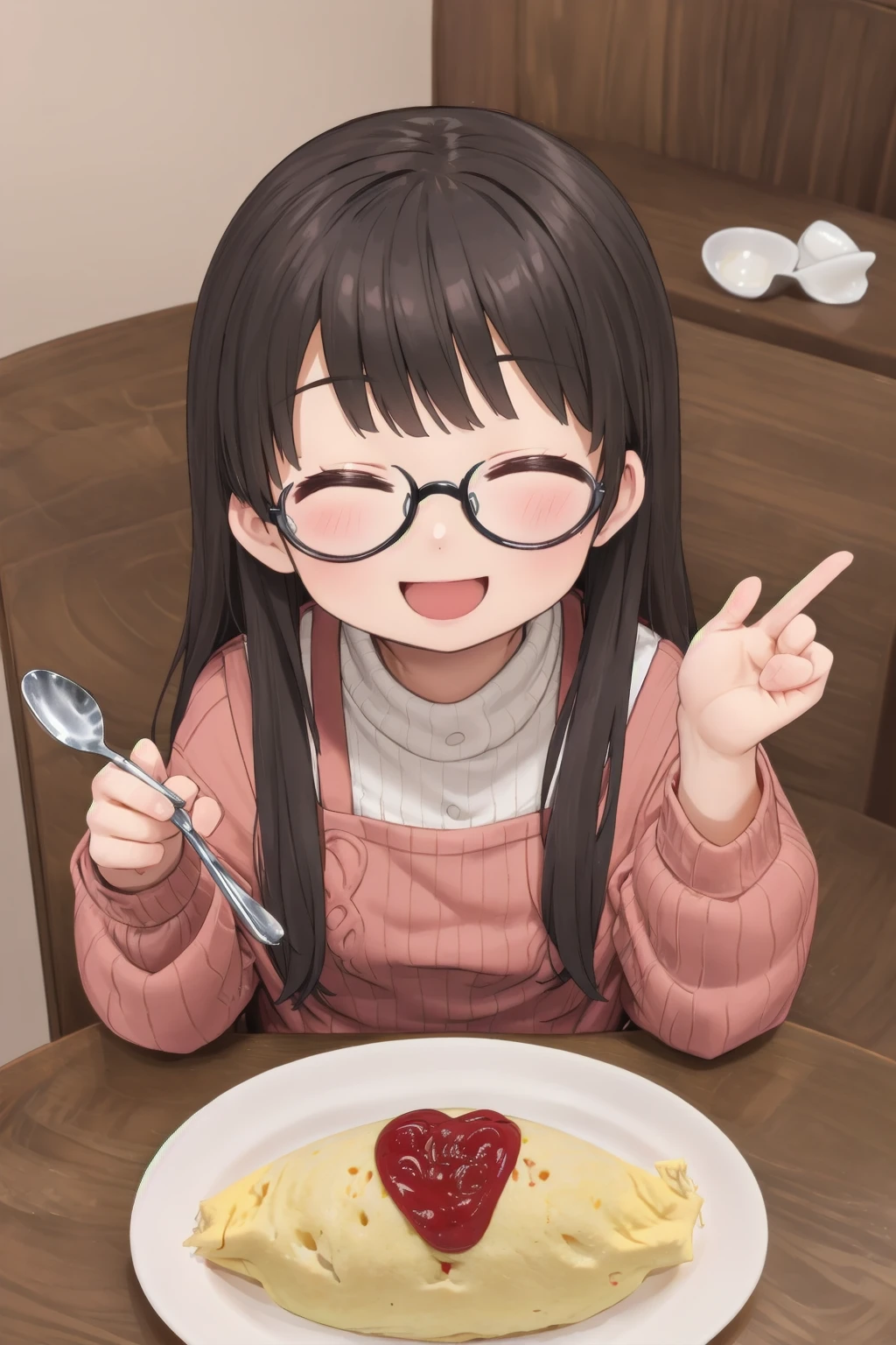 masterpiece, best quality, very aesthetic, absurdres,  
1girl, solo, glasses, black hair, long hair, white ribbed sweater, black apron,  happy, smile, looking at viewer, closed eyes, open mouth, sitting, across table, 
BREAK
omurice_heart, heart, plate, ketchup:1.2), spoon, 
 <lora:omurice_heart_SD15_V1:1>