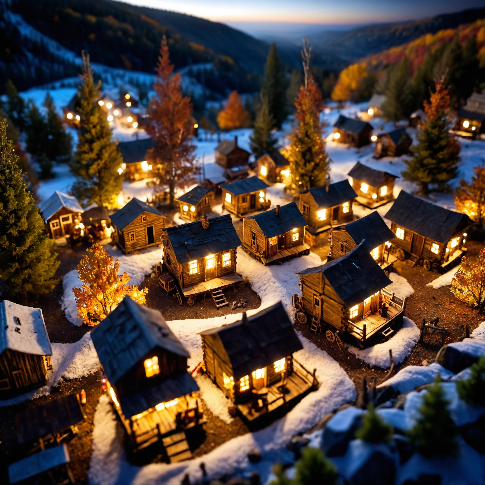 (aerial view:1.1), (wide angle lens:1.2), (toy camera effect:1.4), (tilt-shift effect:1.4), (miniature model:1.4) 1840s old west mining shanty camp, autumn colors, highly detailed, view from above, winter, night time, darkness, backlit, light particles, warm colors, HDR, trees, fog, cinematic, (cinematic color grading:1.2), late evening, city lights, (bokeh:1.1), (depth of field:1.6), dark moody lighting