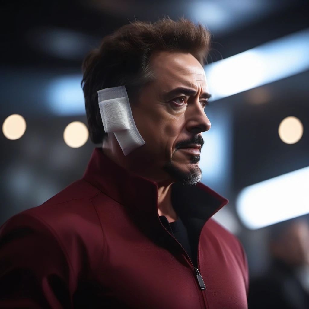 cinematic photo full body portrait tony stark wears a bandage on the ear <lora:Bandage1024:0.8> . 35mm photograph, film, bokeh, professional, 4k, highly detailed