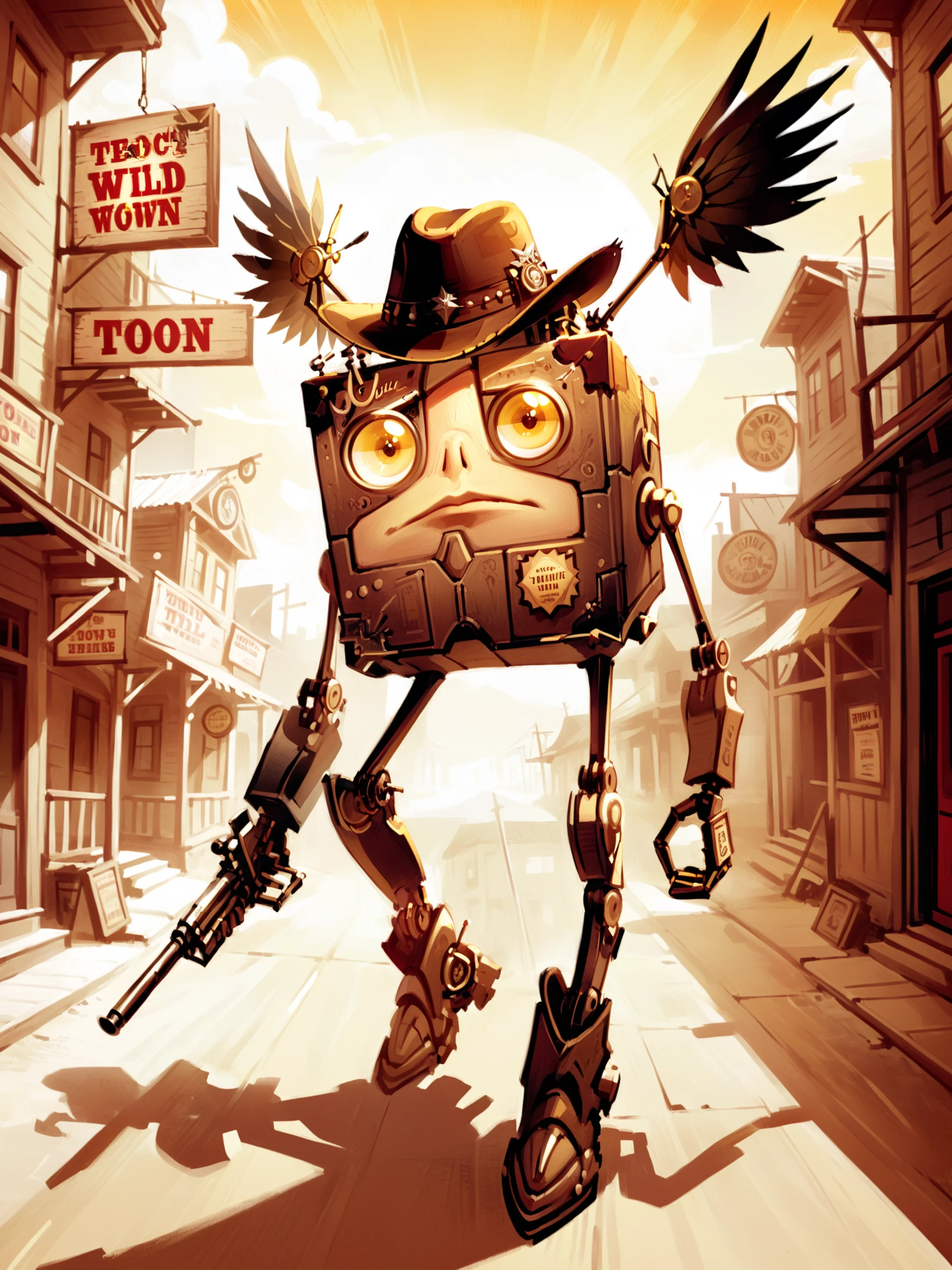 illustration,modrone robot,solo,metal,wings,cubic shape, walking,wild west town,cowboy hat,revolver,high noon,serious,no  humans,<lora:ModroneXLStand-000033>