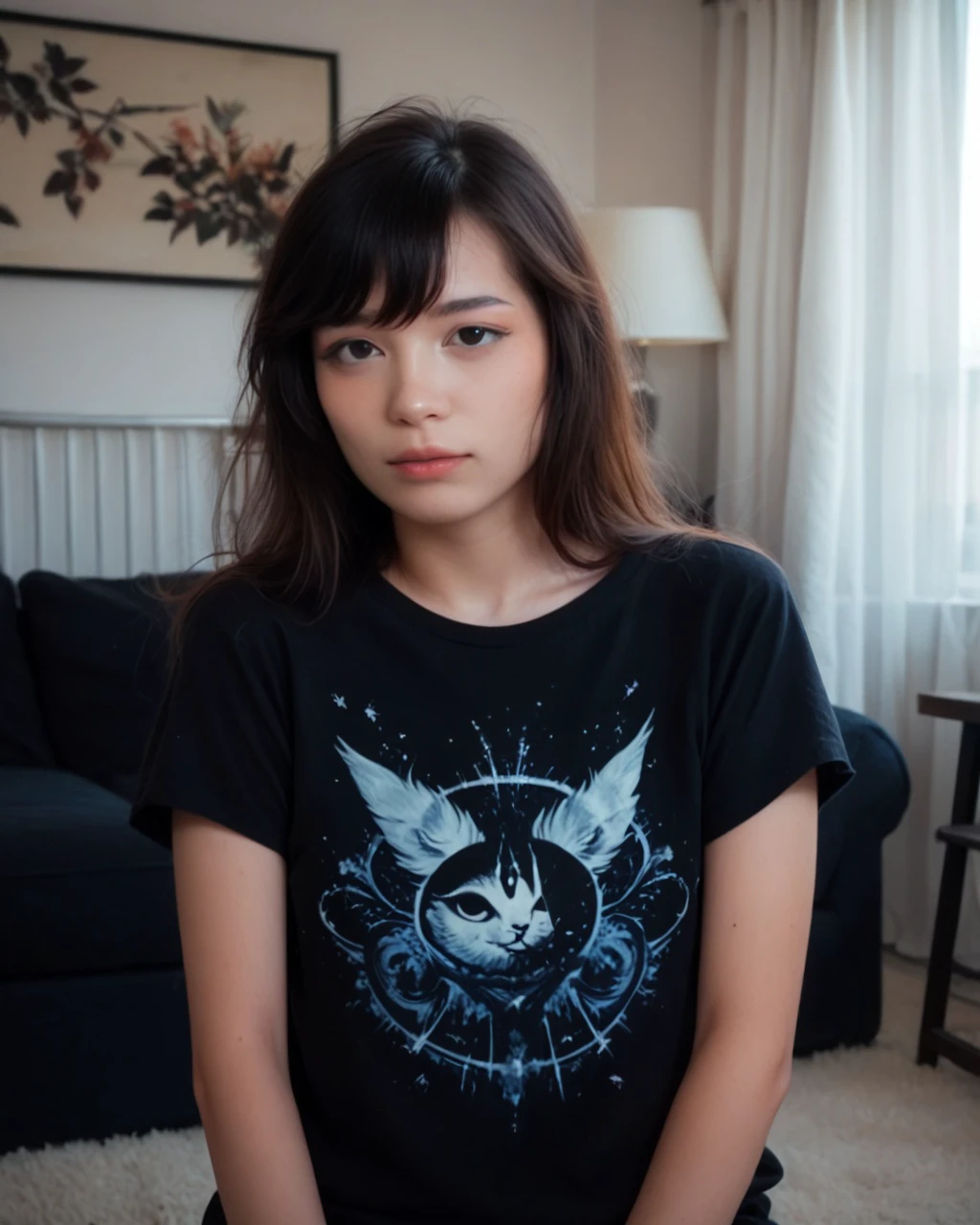 1girl, solo, sfw, <lora:EmiPonyXLdense:1>, realistic, fancy living room background, black eyes, comfortable t-shirt, score_9, score_8_up, score_7_up, score_6_up, UHD, best quality