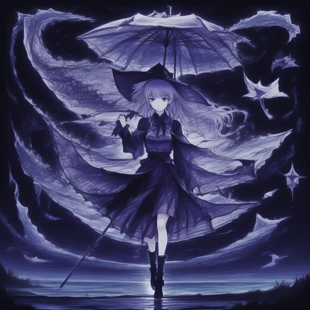 smile, black background, witch hat, what, umbrella, water, scenery, simple background, hair bow, oil-paper umbrella, advanced search for solutions, check and correct draw after every step, lips, closed mouth, sunlight, from behind, sword, holding umbrella, outdoors, upper body, star (sky), scythe, new stage layout options