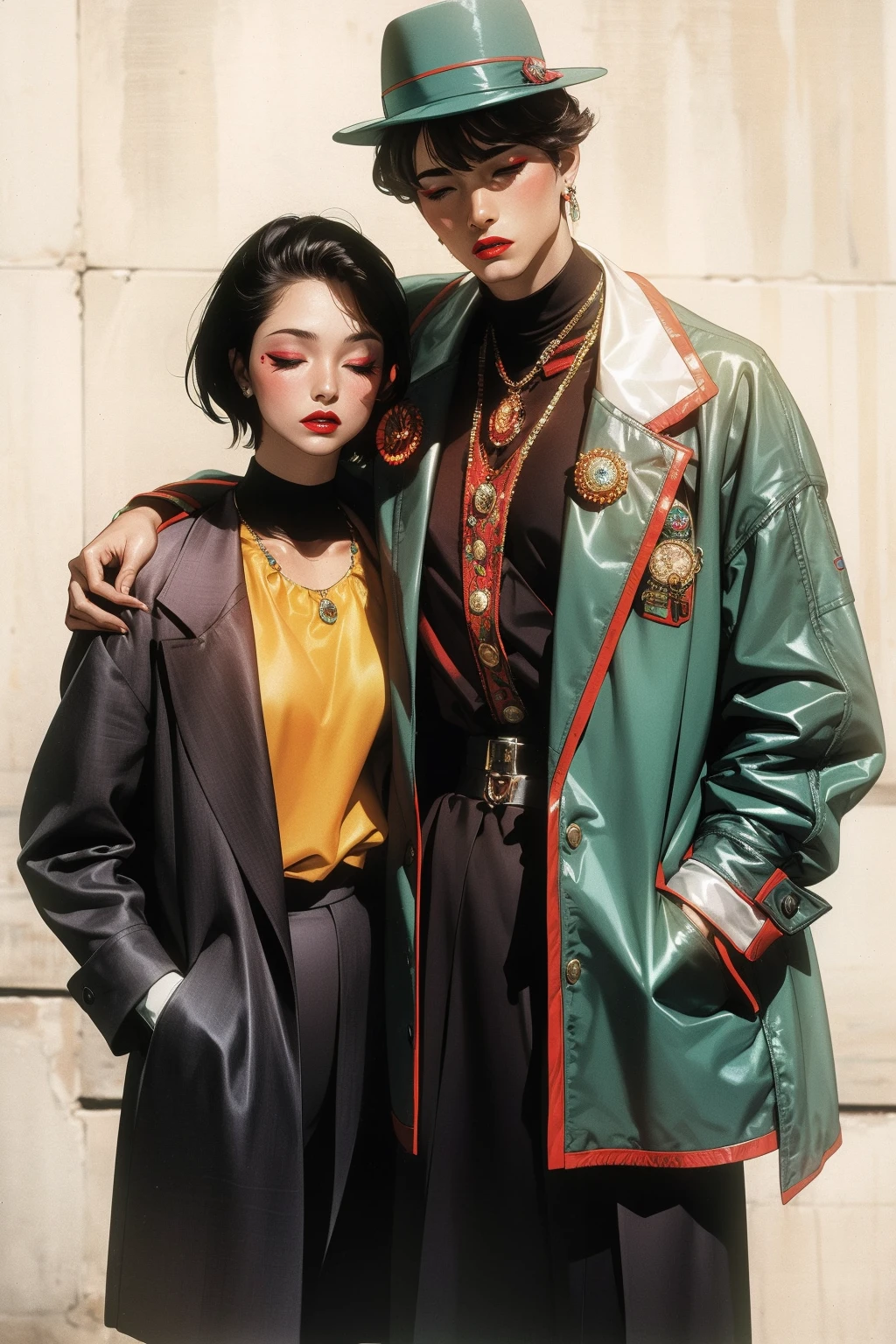 FRESHIDEAS 1980s vintage fashion ***** 2boys 2girls black hair closed eyes coat dark-skinned female dark skin earrings hands in pockets hat jacket jewelry lips lipstick long hair makeup multiple boys multiple girls open clothes short hair smile