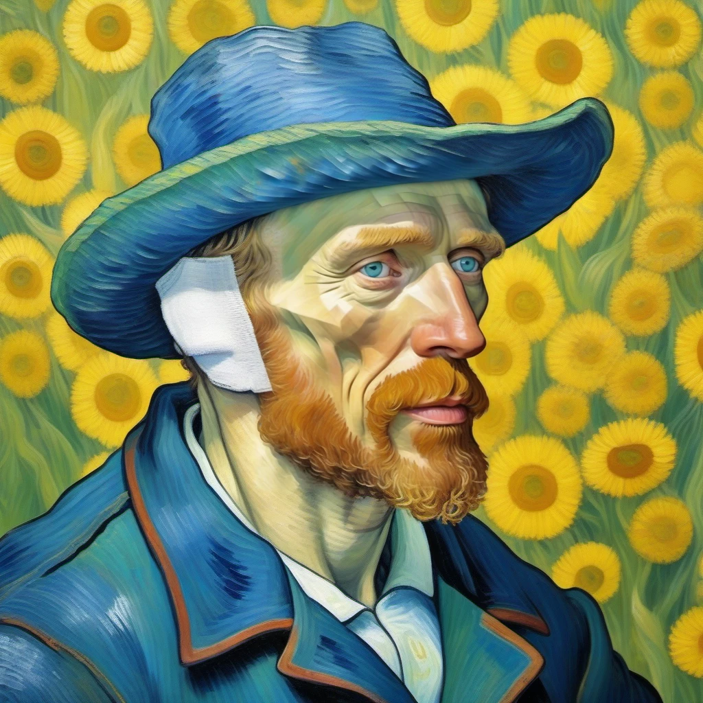 full body portrait van gogh wears a bandage on the ear, van gogh painting style <lora:Bandage1024:0.8>