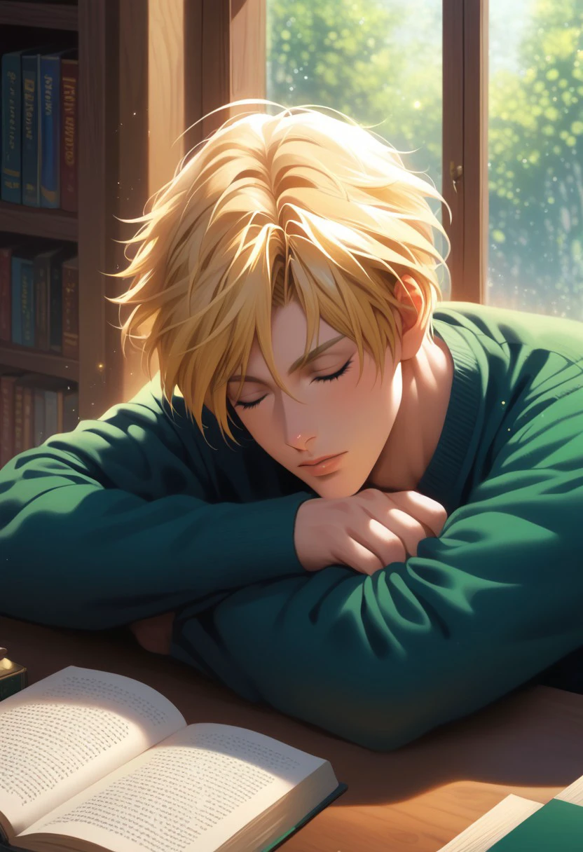 score_9, score_8_up, score_7_up, source_anime, rating_safe, books, table, Satobey, 1boy, male focus, closed eyes, sitting behind table, green fingernails, head in arms, sleeping, large window, rim light, edge blur, bokeh, particles, peaceful, bookshelves, light refraction, ethereal mood, calm, peaceful, realistic lighting,