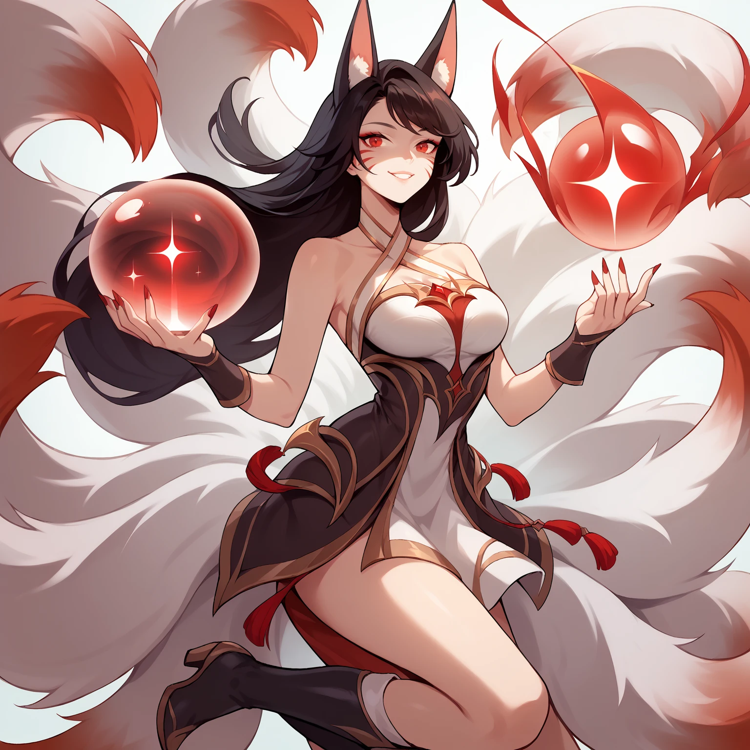 ahri, ahri_\(league_of_legends\), 1girl, absurdres, animal_ears, black_hair, breasts, detached_sleeves, distr, facial_mark, fox_ears, fox_tail, hand_up, highres, large_breasts, league_of_legends, long_hair, long_sleeves, looking_at_viewer, magic, multiple_tails, orange_eyes, parted_lips, solo, standing, standing_on_one_leg, tail