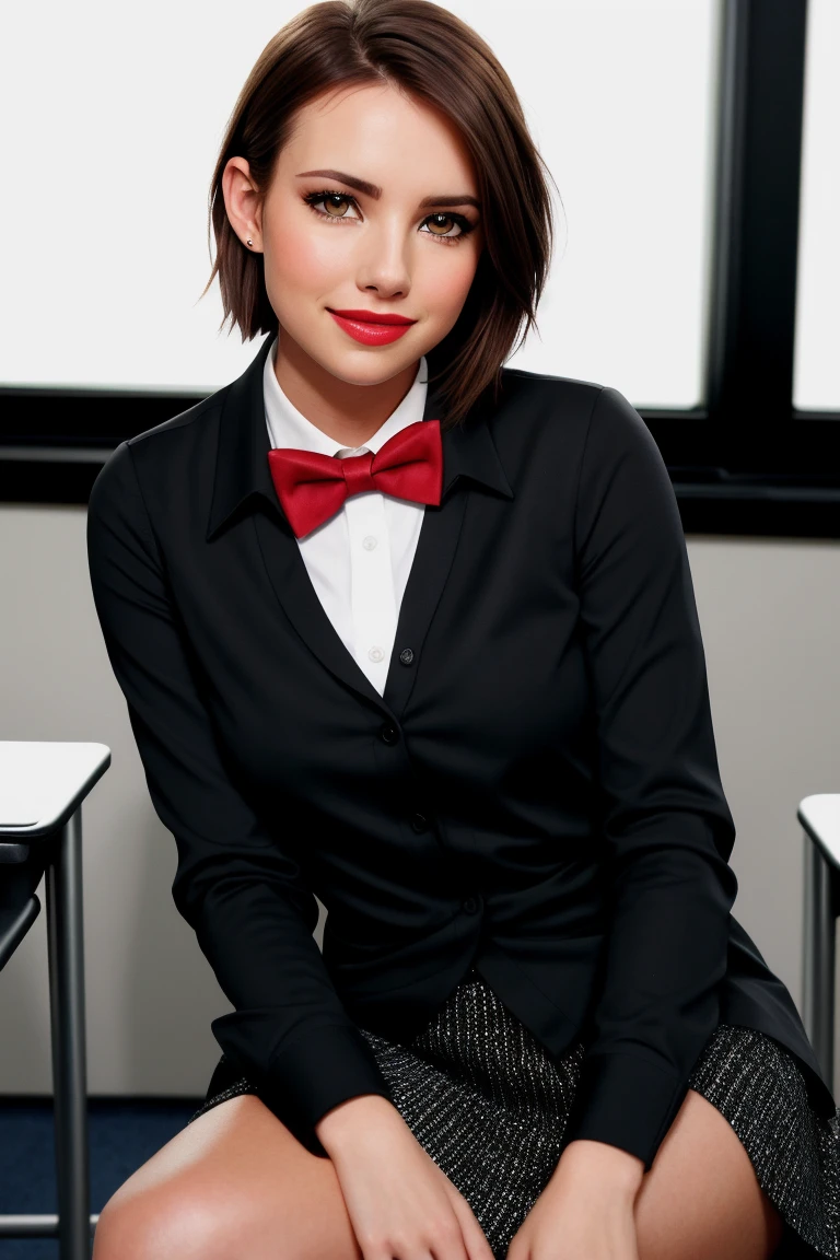 emmaroberts-3765, ,((detailed skin, detailed face, detailed eyes, beautiful eyes)),  ((red lipstick, eyeliner, eye shadow, blush)), ,photo of a woman, RAW, close portrait photo, ((bowtie, shirt)),((short hair)), ((classroom, sitting)), slim body, 8k uhd, dslr, soft lighting, high quality, film grain, Fujifilm XT3 sharp focus, f 5.6, slight smile,