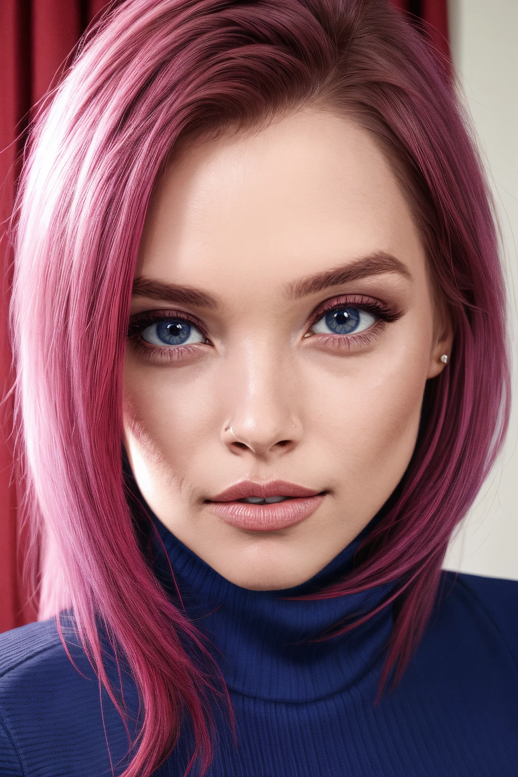 mndngwmn, turtleneck sweater, (pink hair:0.5), (blue eyes:0.3), (ultra realistic, 8k,high quality), natural lighting, (wearing makeup:1.1),