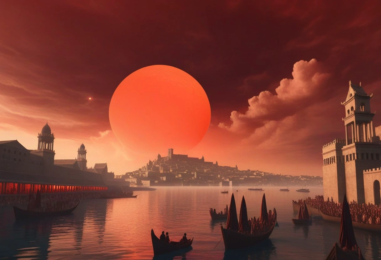 busy and crowded ancient city that slops towards a protected port, witches watching a small partialy obscured bright solid red featureless orb in the sky, ghosts rising from various spots in city, huge orange clouds in distance, novuschroma28 style, reflective water