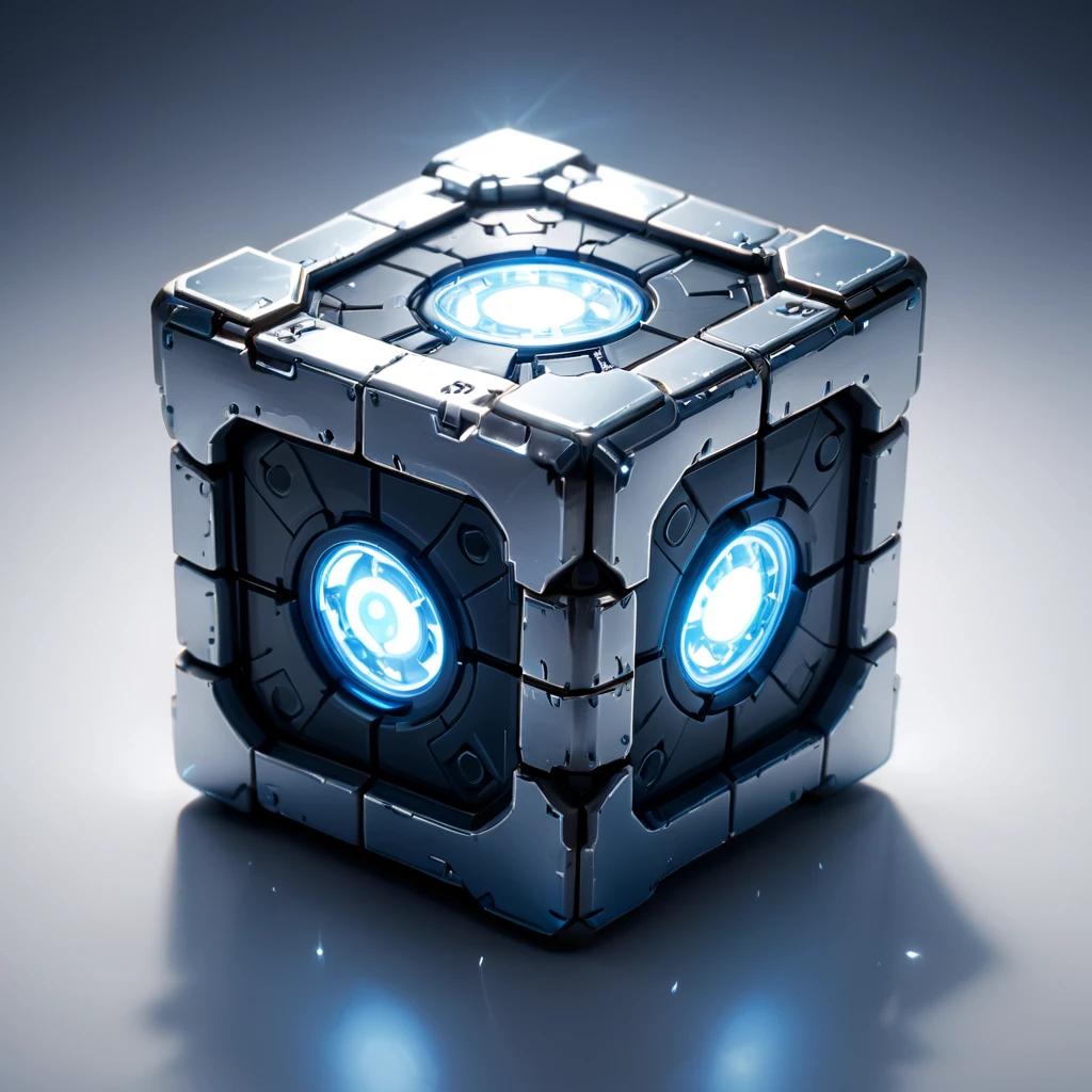 A close up shot of a weighted companion cube made of glossy tech silver and blue glow, delicate frame, deus ex human revolution, SilverPulse, masterpiece, best quality, highly detailed, sharp focus, dynamic lighting