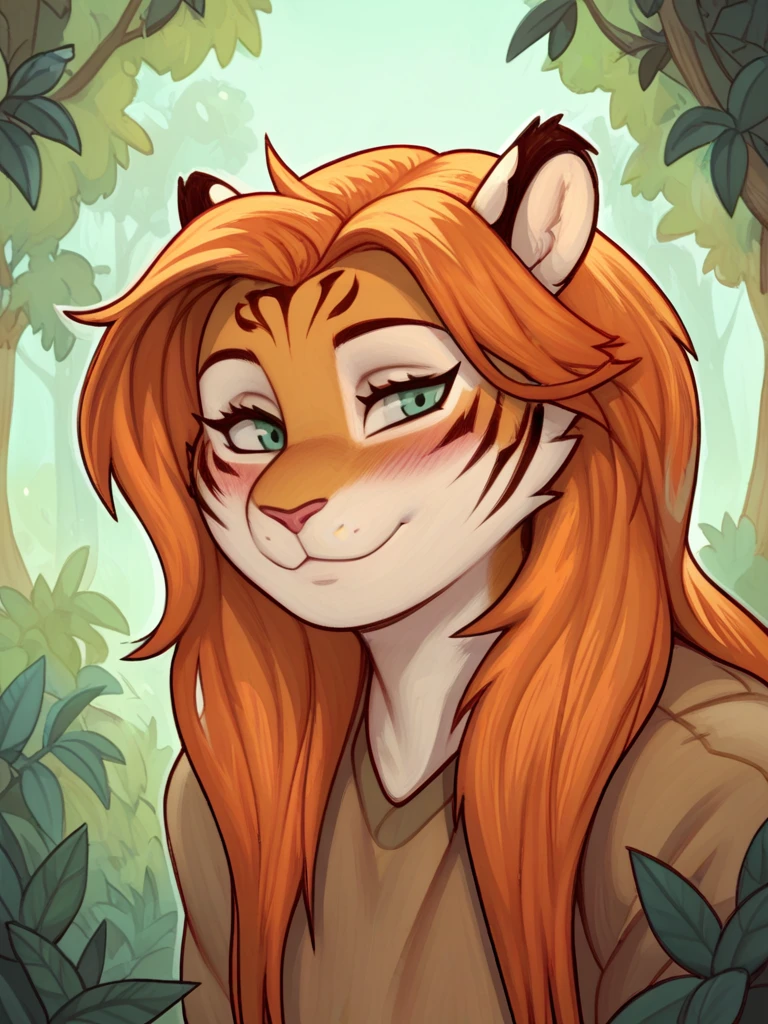 score_9, score_8_up, score_7_up, , (source_furry) , female, (solo:1.1),chelodoy, looking at viewer, smile, blush, tiger, ginger hair, long hair, ,  Forest,,
